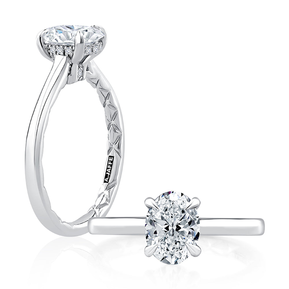 A. Jaffe Oval Hidden Halo Cut Diamond Solitaire Engagement Ring for Women with Quilted Interior Design
