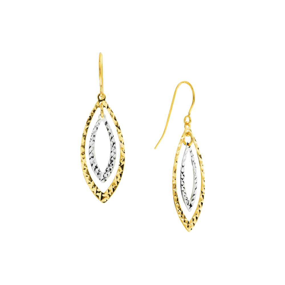 Exquisite 14k Gold Two-Tone Diamond-Cut Double Marquise Dangle Wire Earrings for Women