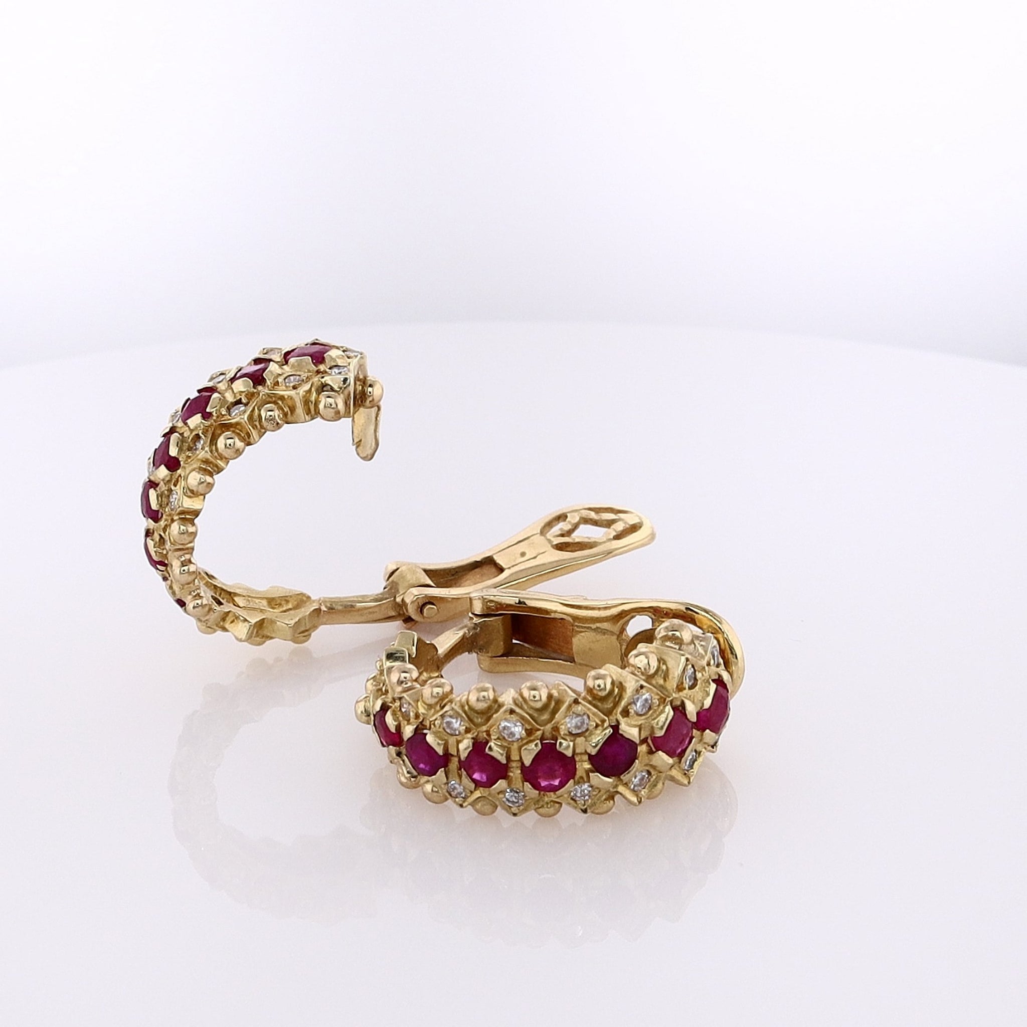 18k Yellow Gold Clip-On Hoop Earrings with Ruby and Diamond