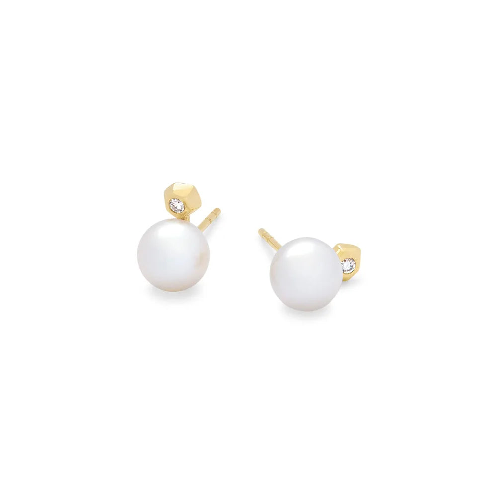 Kendra Scott Cathleen 14k Yellow Gold Pearl and Diamond Stud Earrings, Classic Style