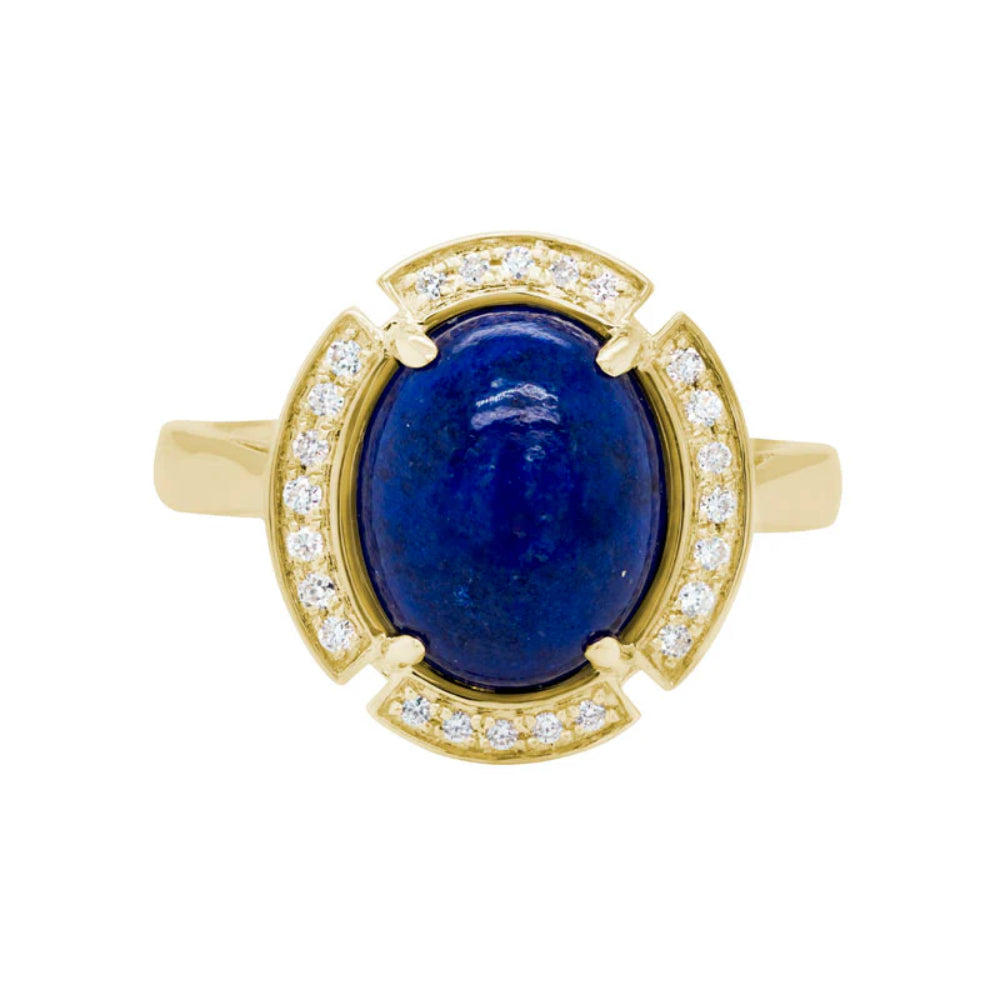 Exquisite 14k Yellow Gold Ring with Oval Cabochon Lapis and Round Diamonds