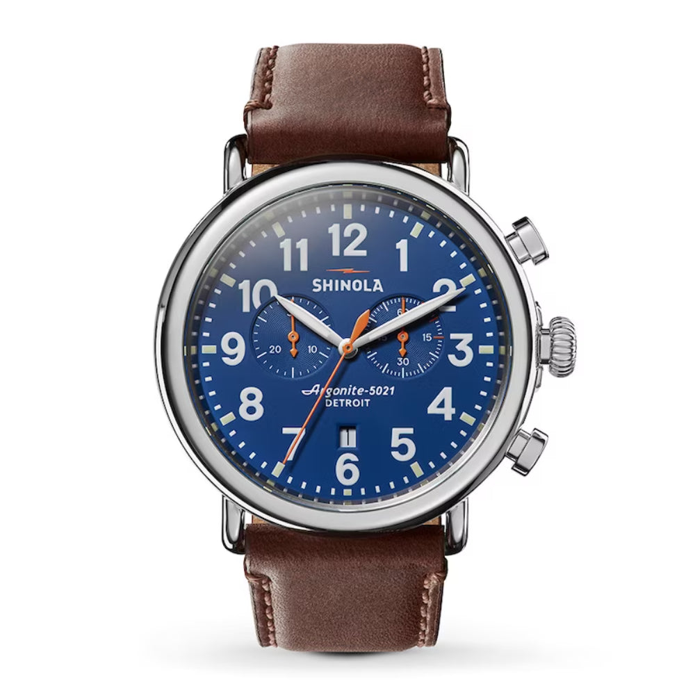 Shinola Runwell Chronograph Watch 47mm with Royal Blue Dial and Brown Leather Strap
