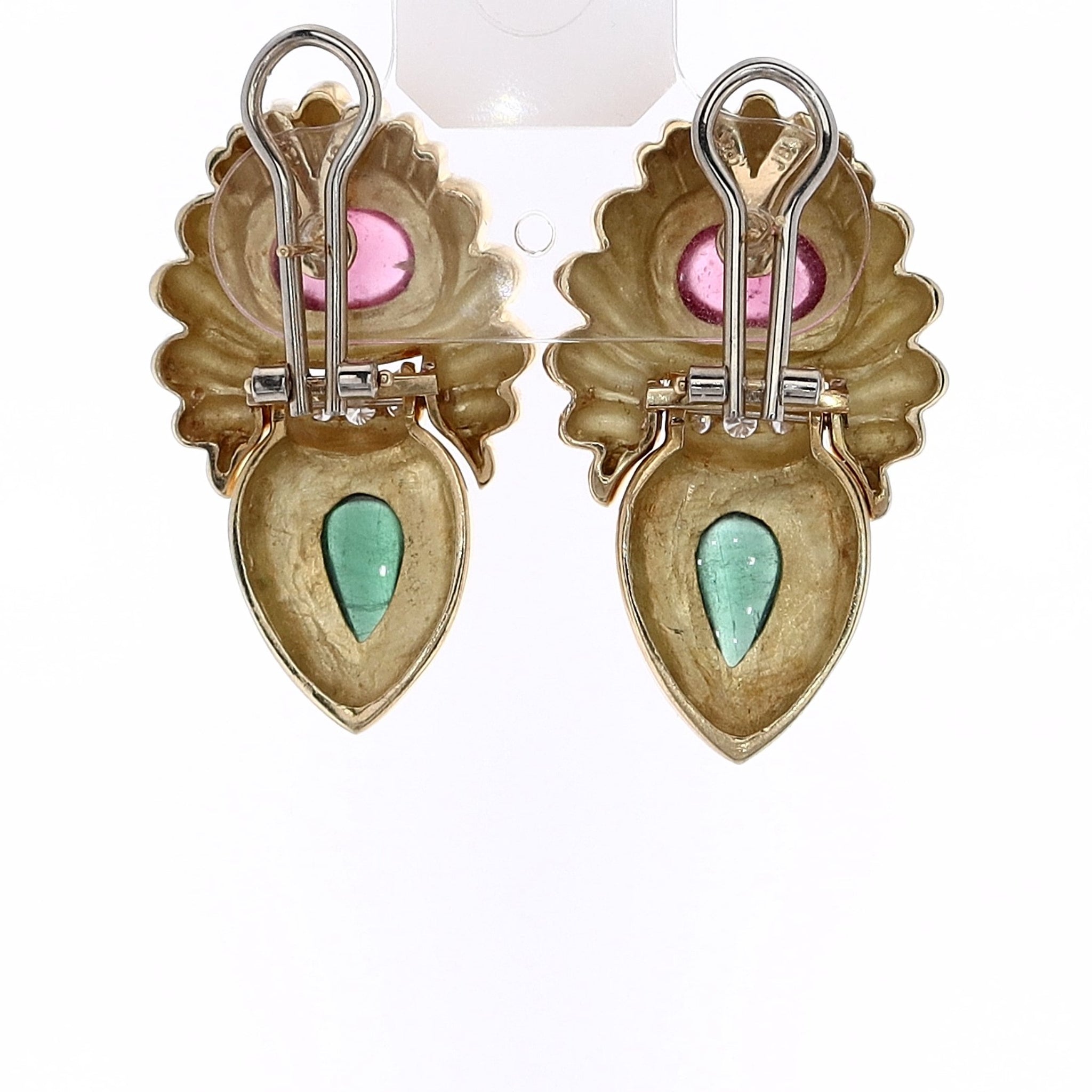 Exquisite Estate 18k Yellow Gold Stud Earrings Featuring Cabochon Tourmaline and Diamond Accents