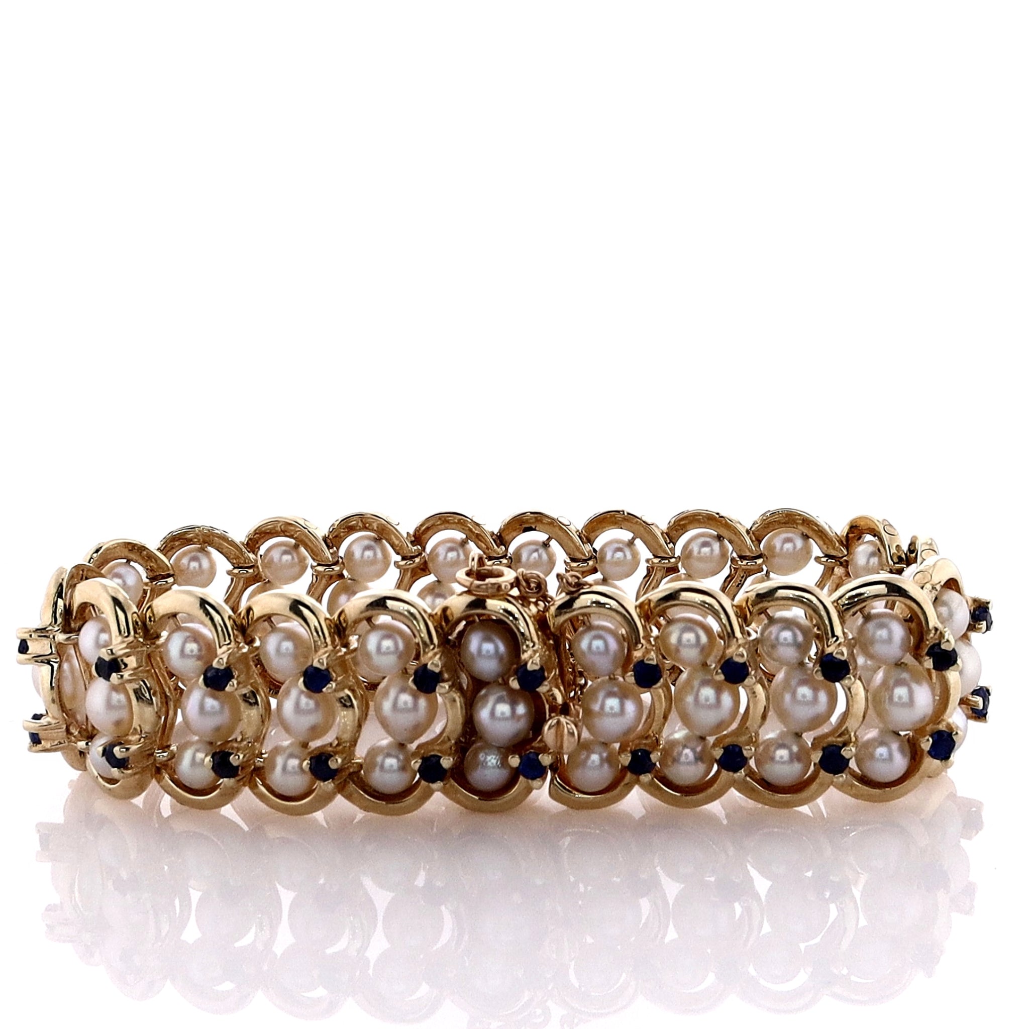 Vintage 14k Yellow Gold Bracelet with Akoya Pearls and Sapphires in Scalloped Frame