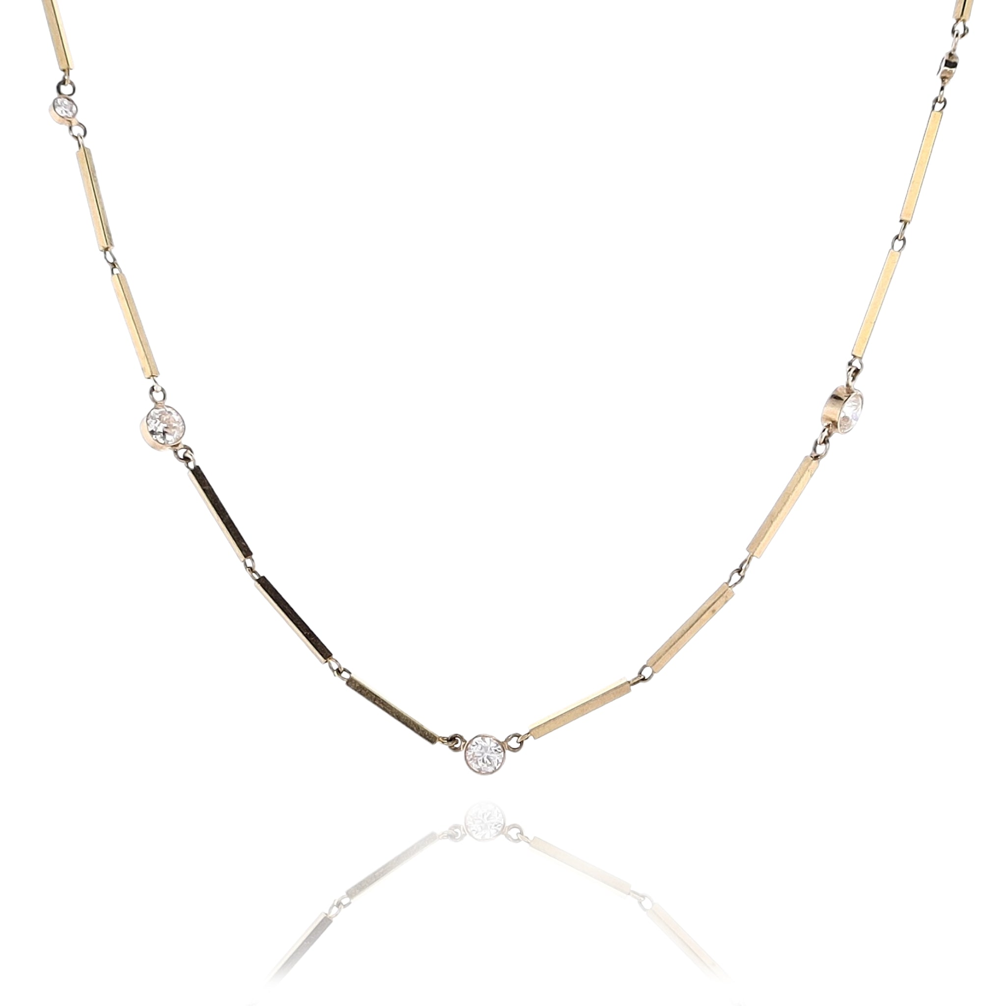14K Yellow Gold 7-Station Diamond Rectangular Bar Link Necklace for Elegance