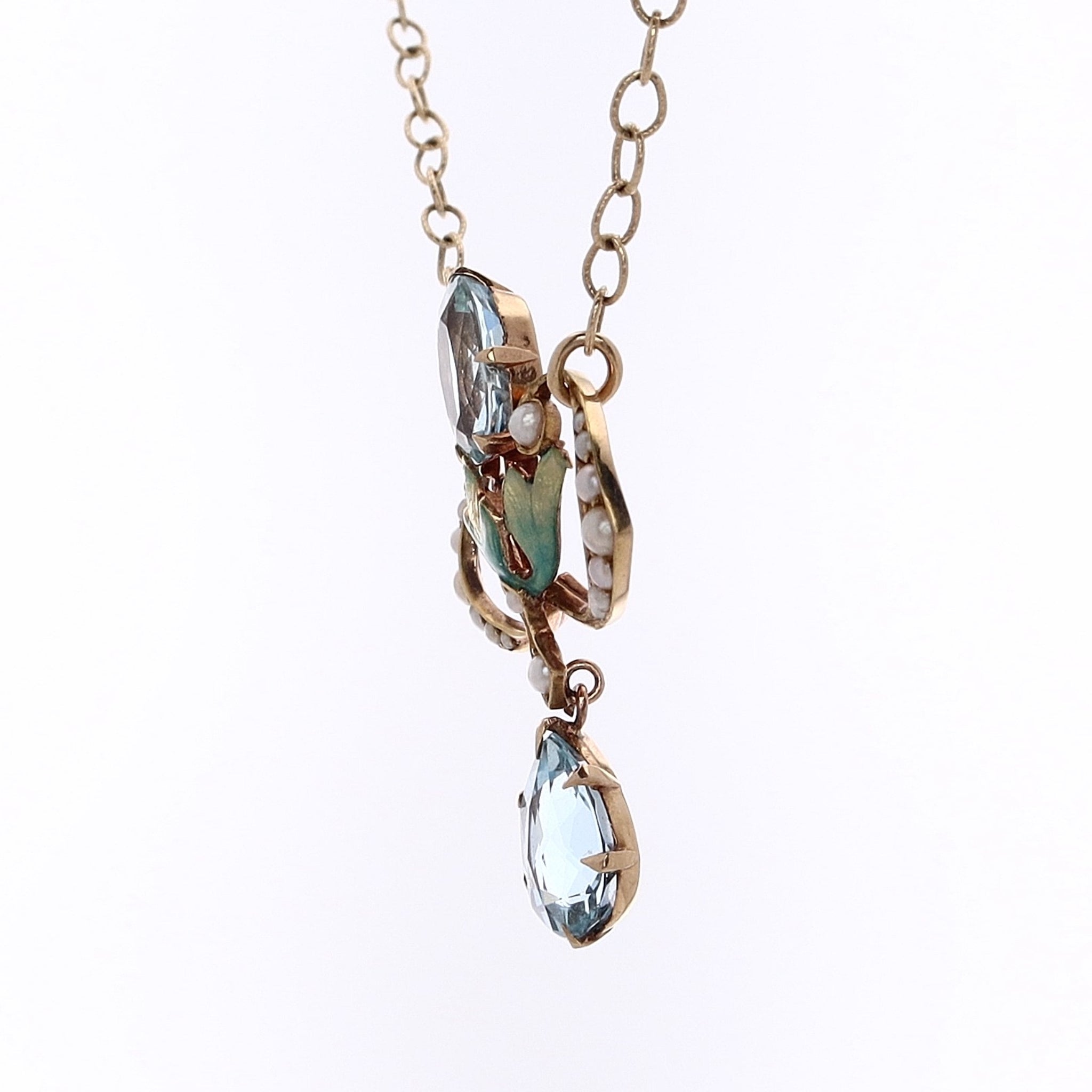 14 Karat Yellow Gold Aquamarine and Pearl Prong - Set Pendant Necklace