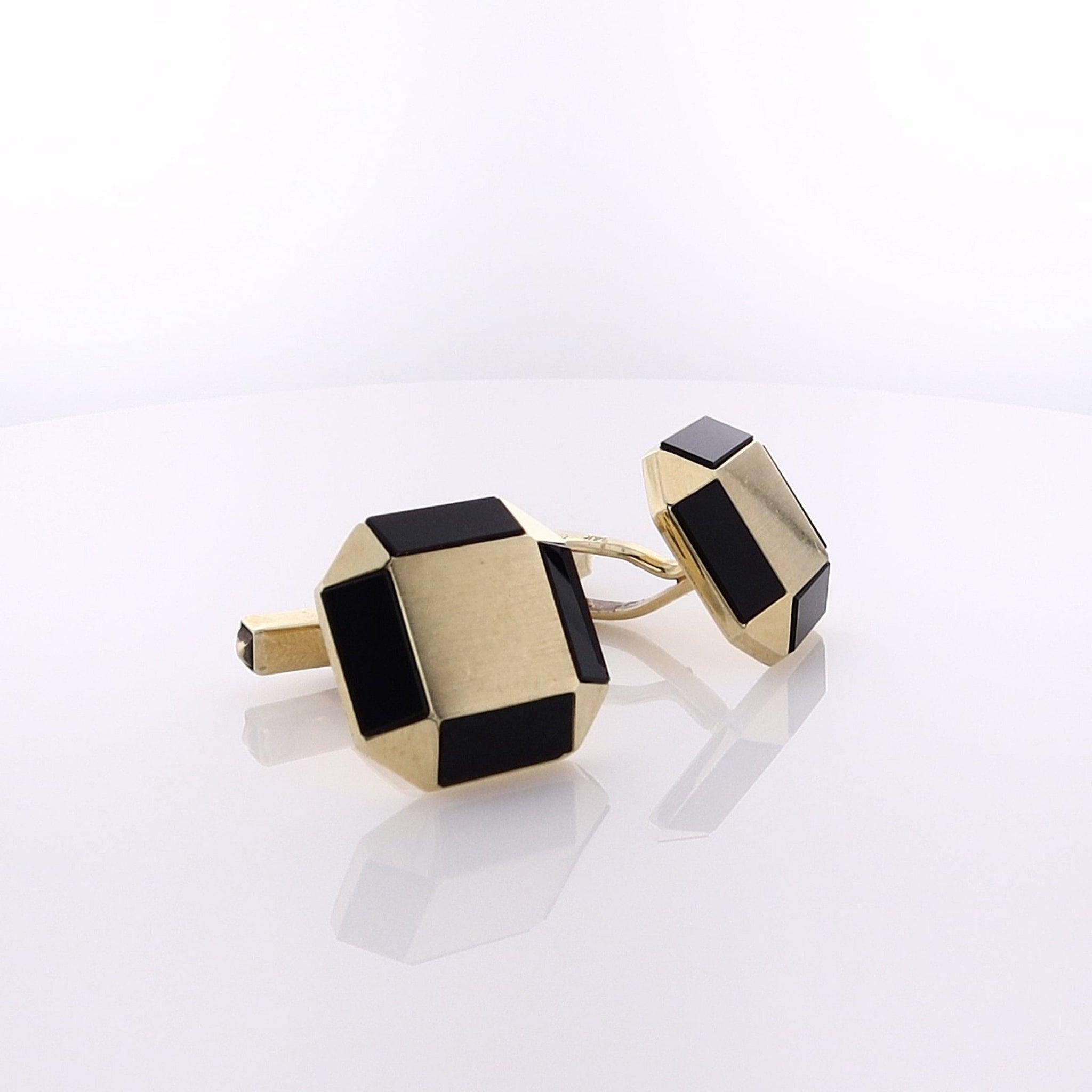 14 Karat Estate Yellow Gold Onyx Bordered Cufflinks with Unique Design