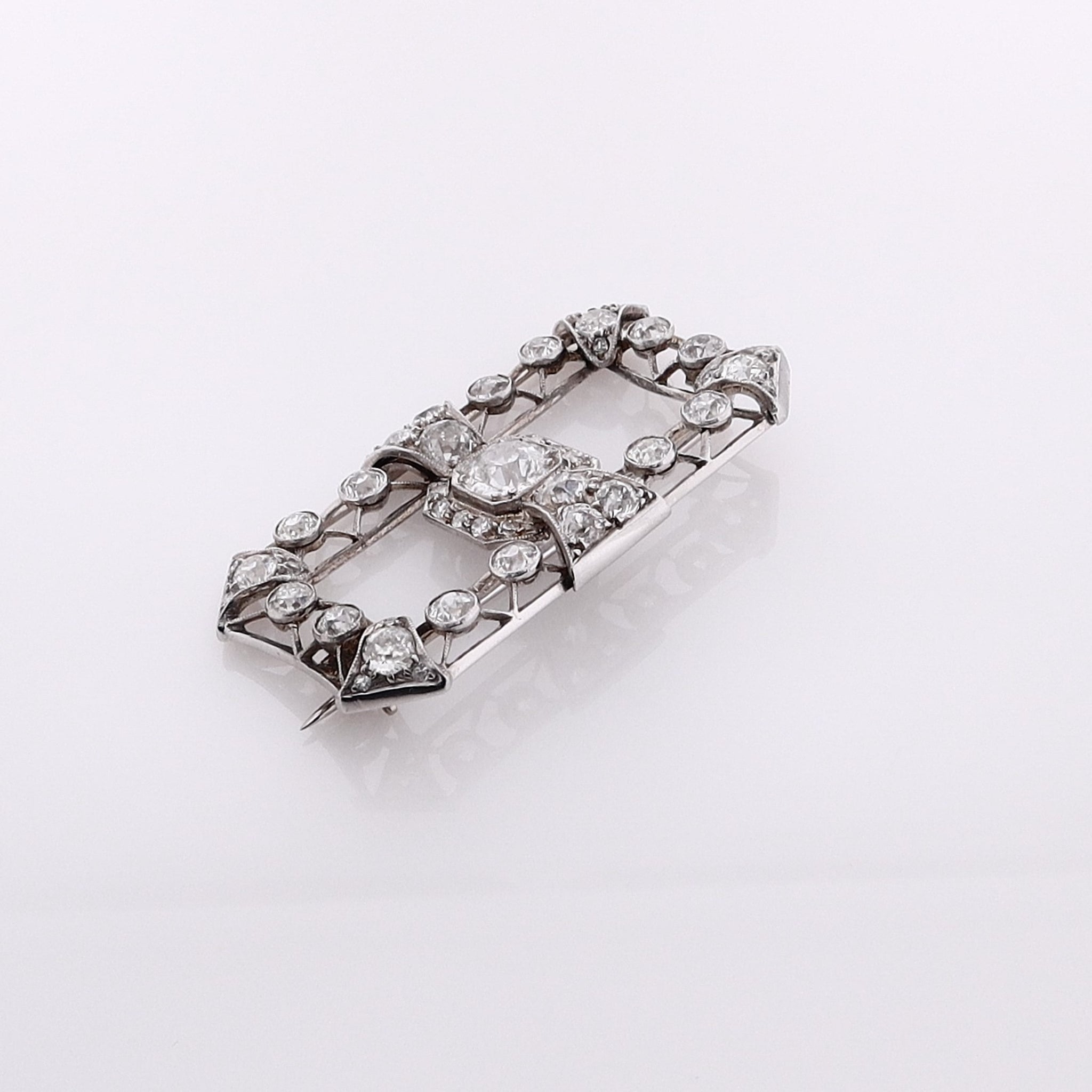 Estate Luxury Platinum and 18k White Gold Rectangular Diamond Brooch Pin
