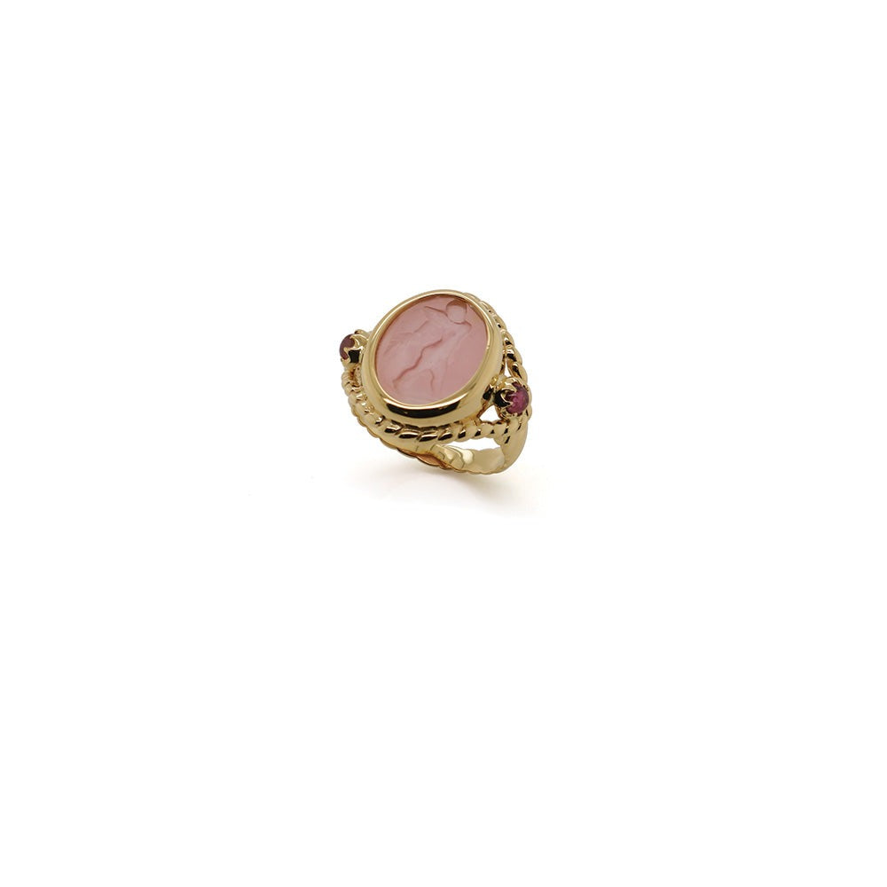 Stunning 18k Yellow Gold Intaglio Ring with Pink Glass and Tourmalines