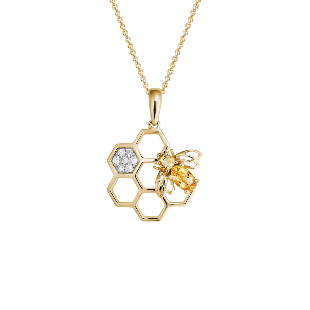 Stunning 14k Gold Citrine & Diamond Bumble Bee and Honeycomb Pendant Necklace