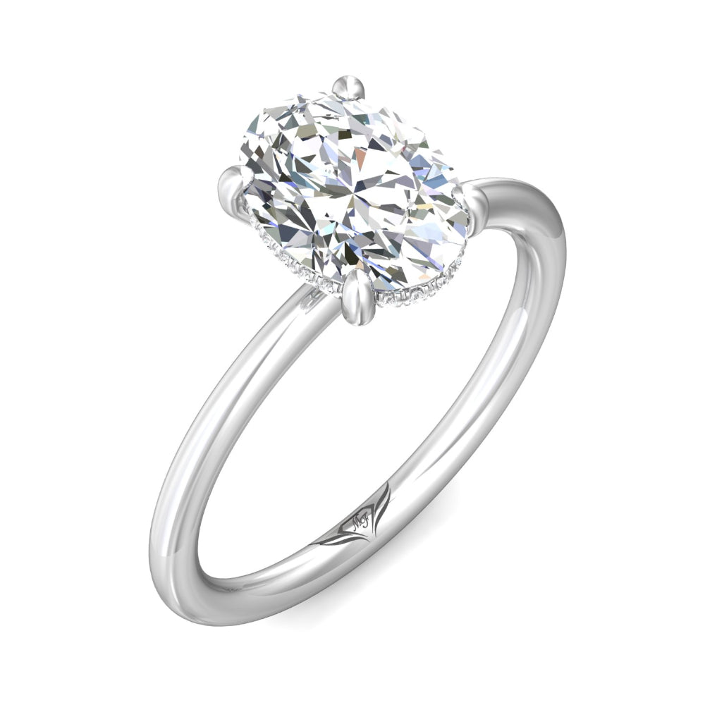 14k White Gold Oval Diamond Solitaire Engagement Ring with Hidden Halo