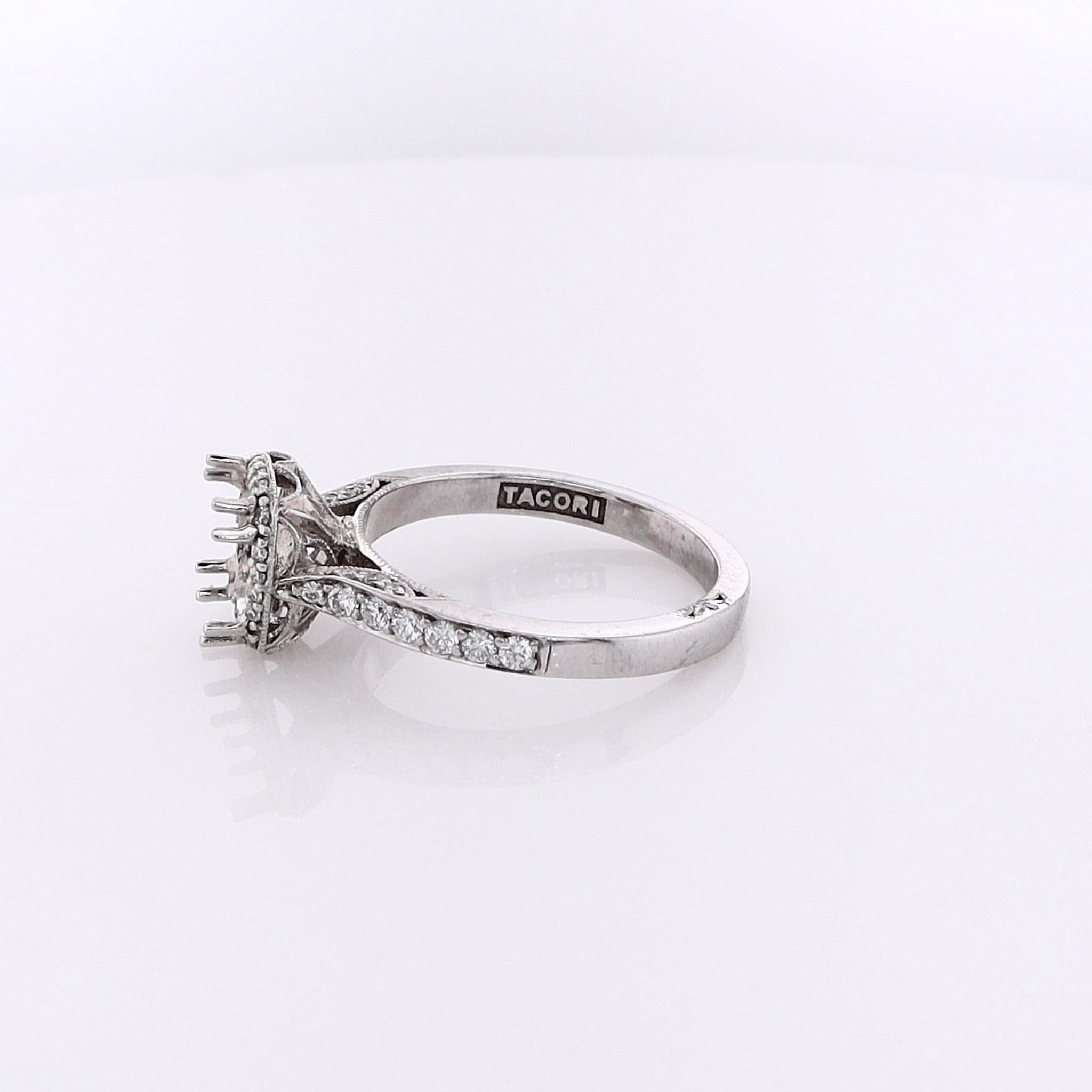 Tacori 18K White Gold 3-Sided Diamond Halo and Shank Ring Mounting, Size 7