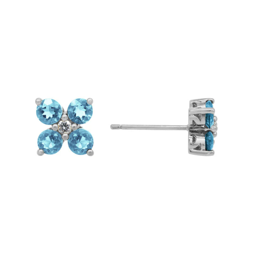 14k White Gold Swiss Blue Topaz Flower Design Stud Earrings for Women