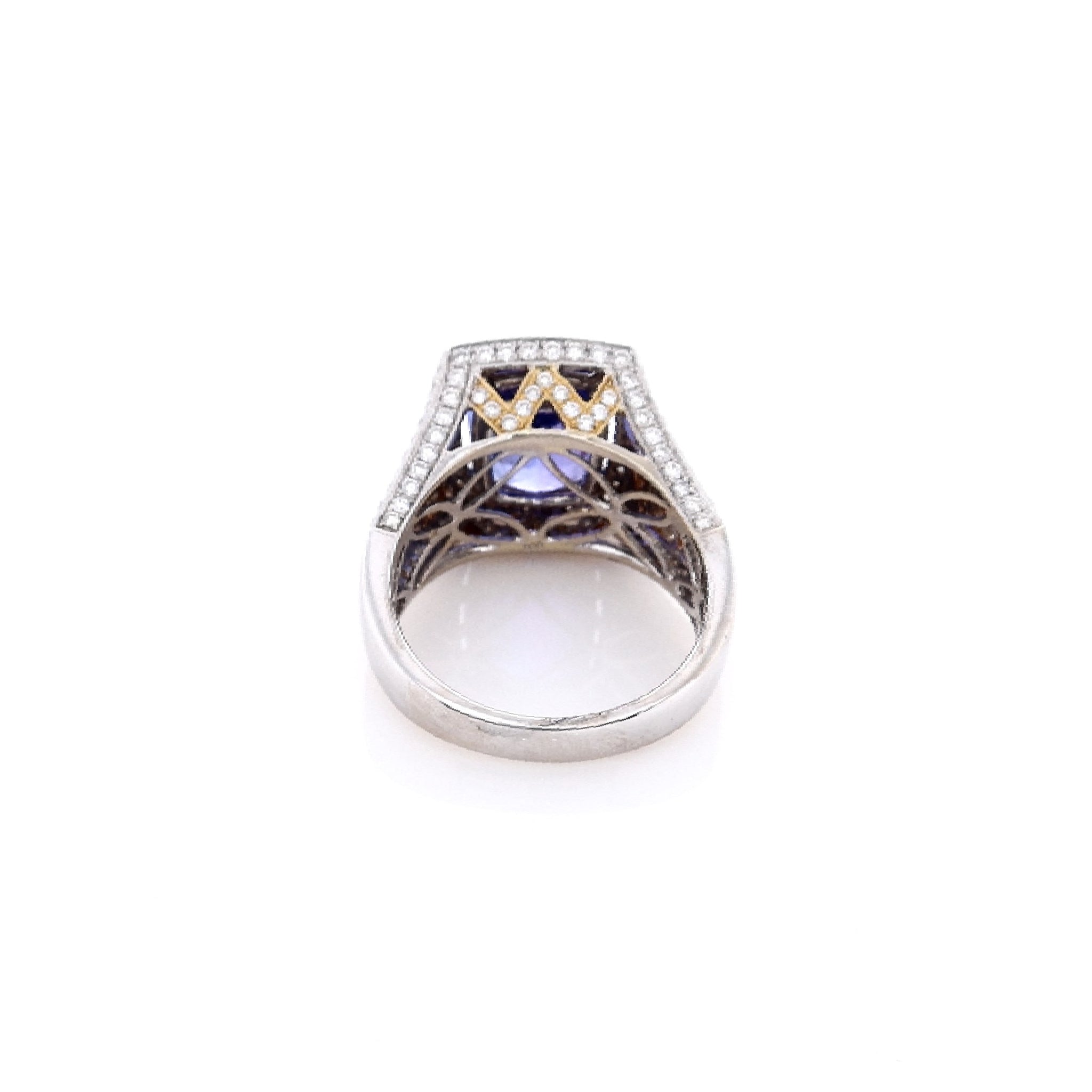 18k Gold Estate Two-Tone Cushion-Cut Purple Tanzanite and Round Brilliant Cut Diamond Halo Engagement Ring
