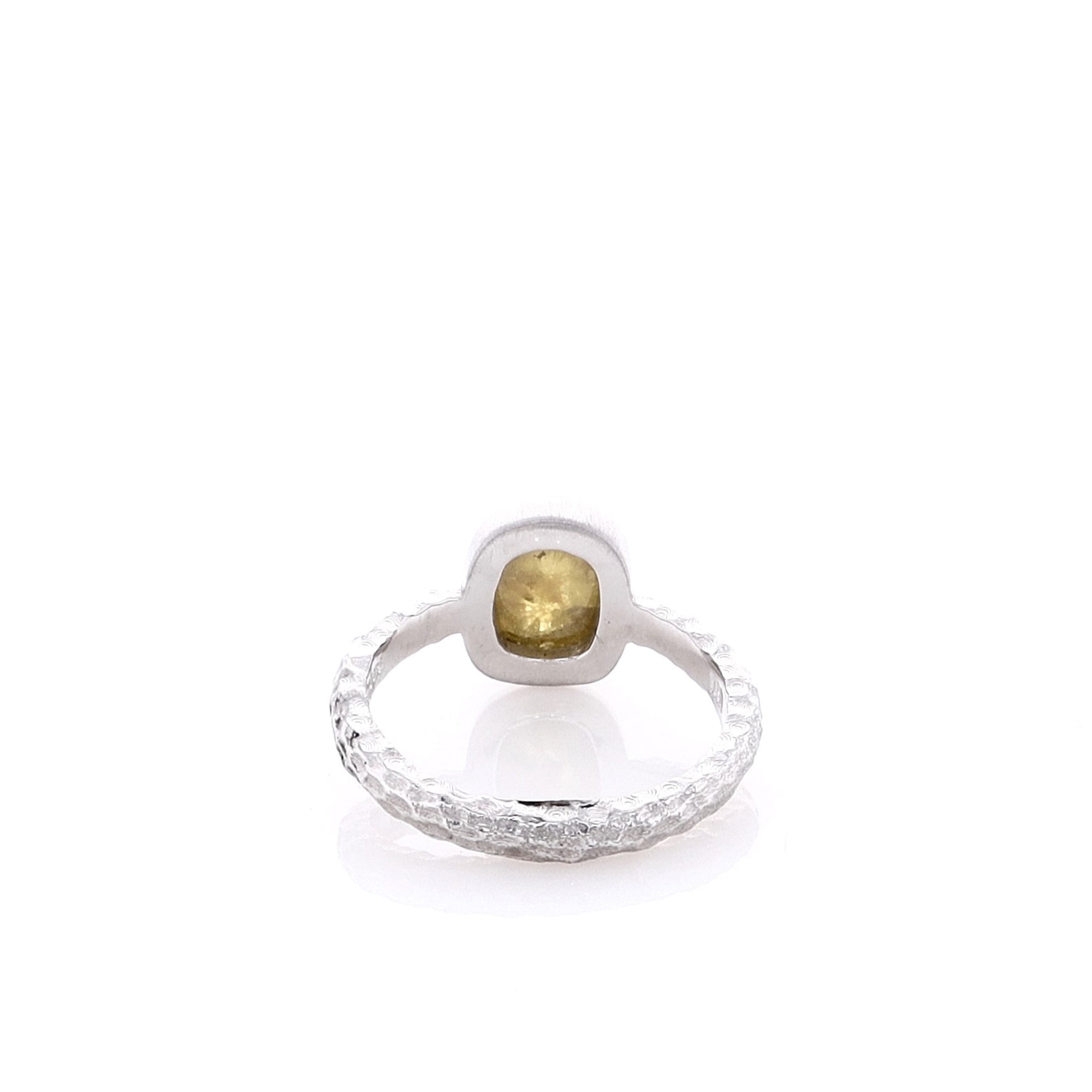 14k White Gold Ring with Brushed Hammered Shank and 2.15ct Rose Cut Oval Gold Stone