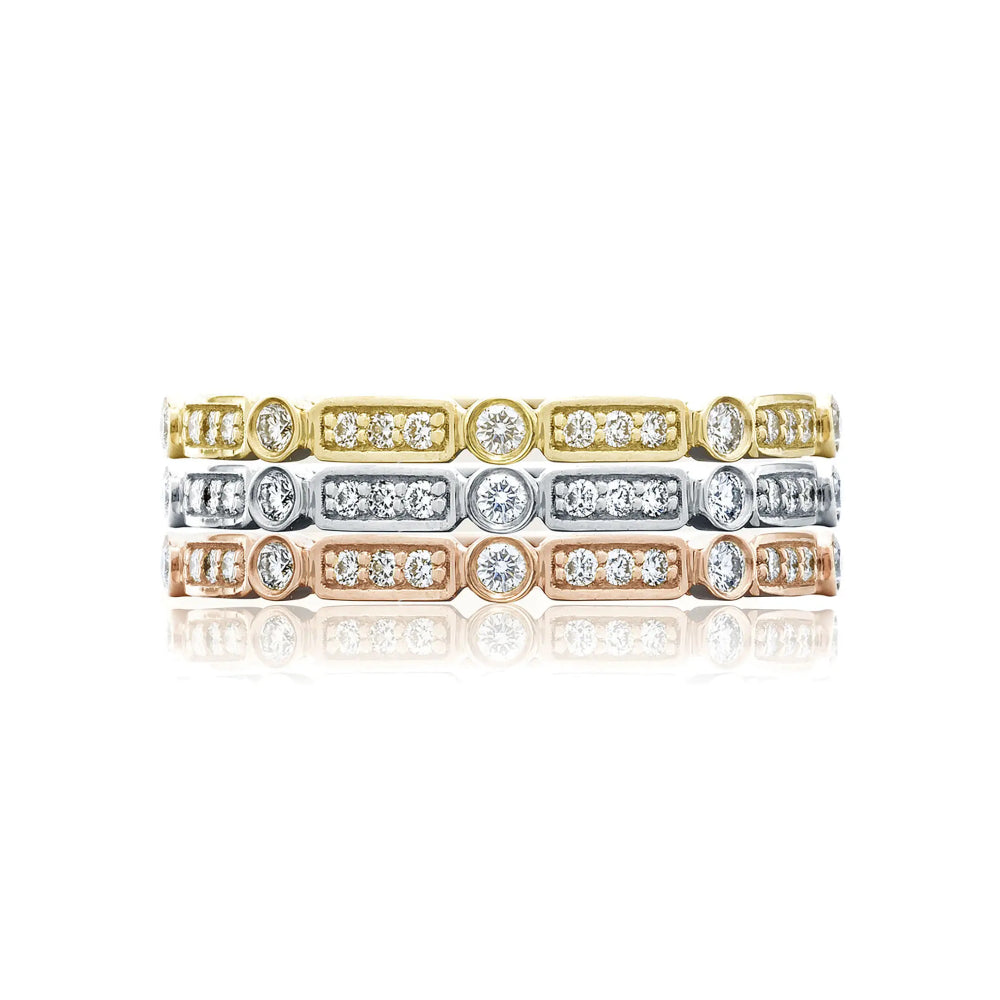 Tacori 18k Gold Eternity Wedding Band with Sculpted Crescent Design, Alternating Bezel Droplet and Basket Settings for a Unique Look