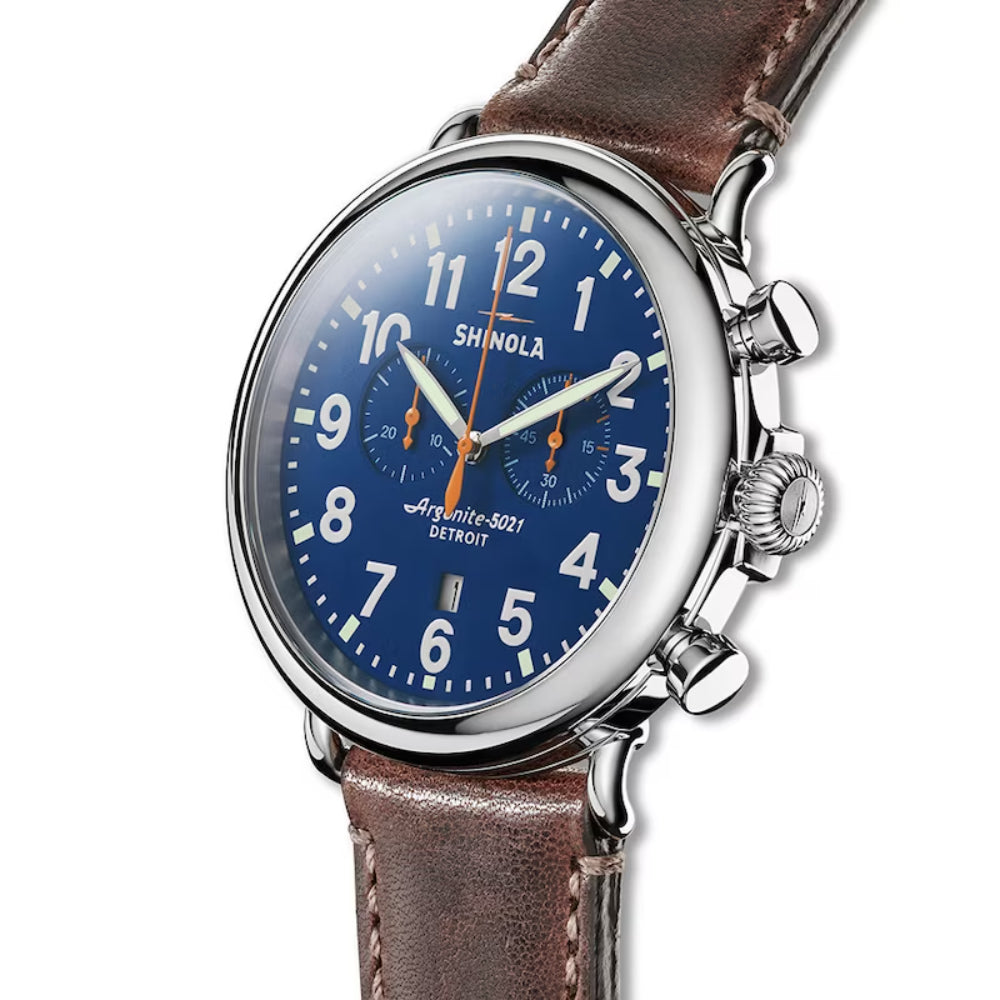 Shinola Runwell Chronograph Watch 47mm with Royal Blue Dial and Brown Leather Strap