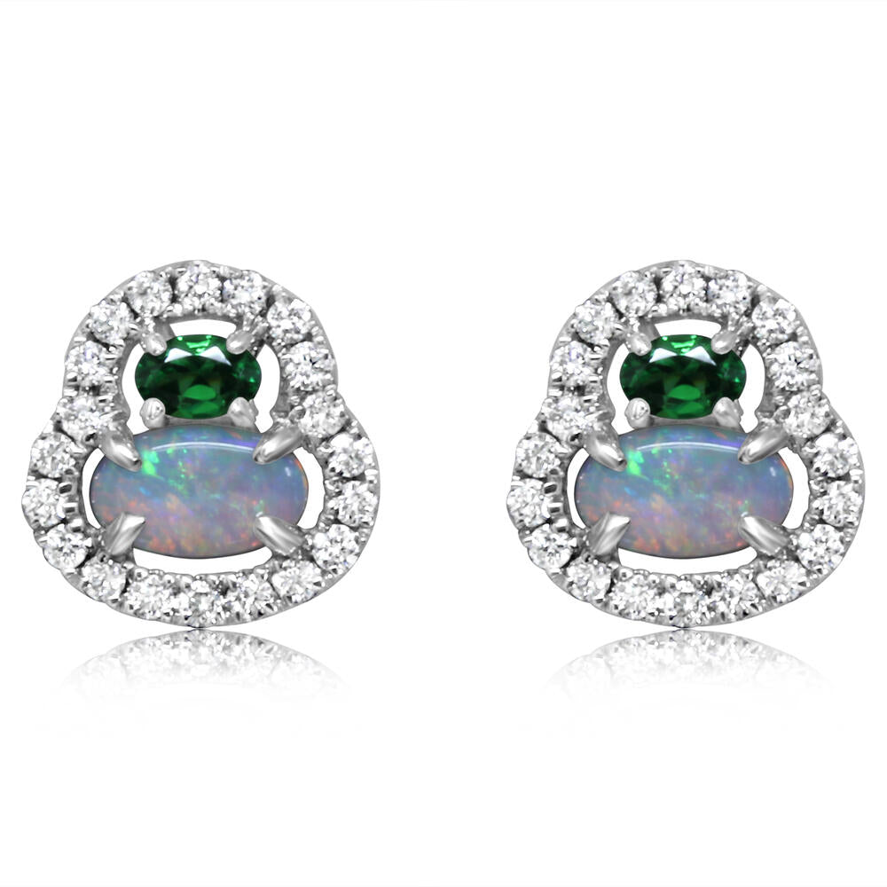 14k Gold Stud Earrings Featuring Australian Opals and Tsavorite Gemstones