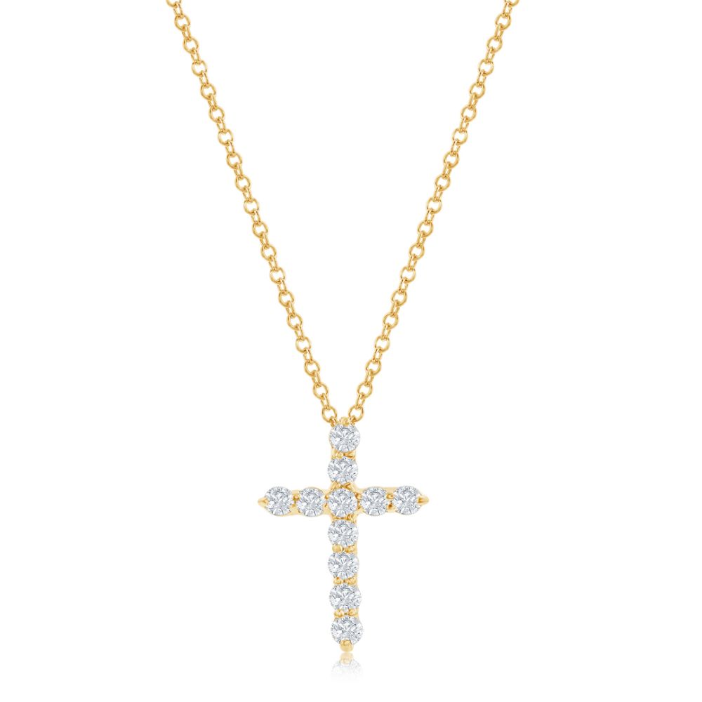 14k Yellow Gold Shared Prong Diamond Cross Pendant with 18' Chain