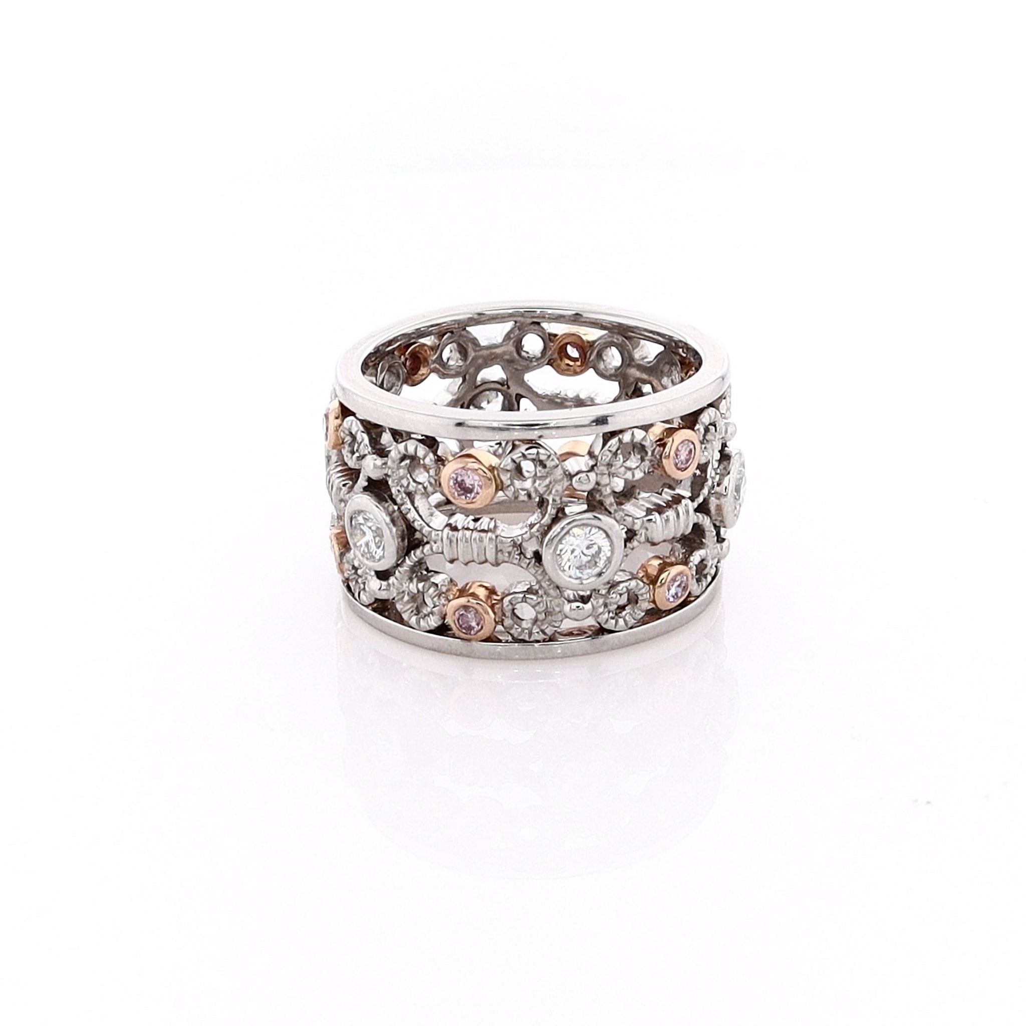 Exquisite Estate Platinum and 18k Rose Gold Wide Band Open Scrollwork Diamond Engagement Ring