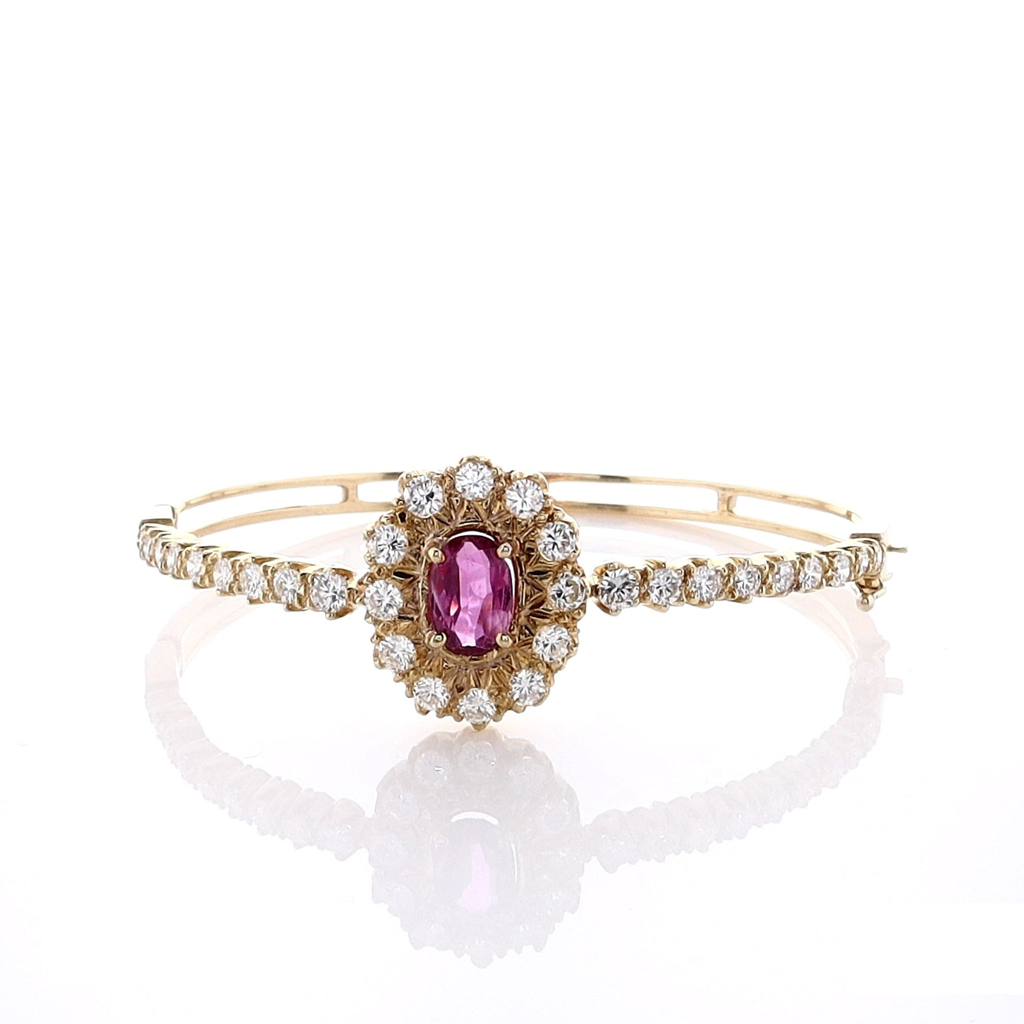 Estate 18k Yellow Gold Hinged Oval Pink and Purple Sapphire with Diamond Halo Bangle Bracelet for Jewelry Lovers