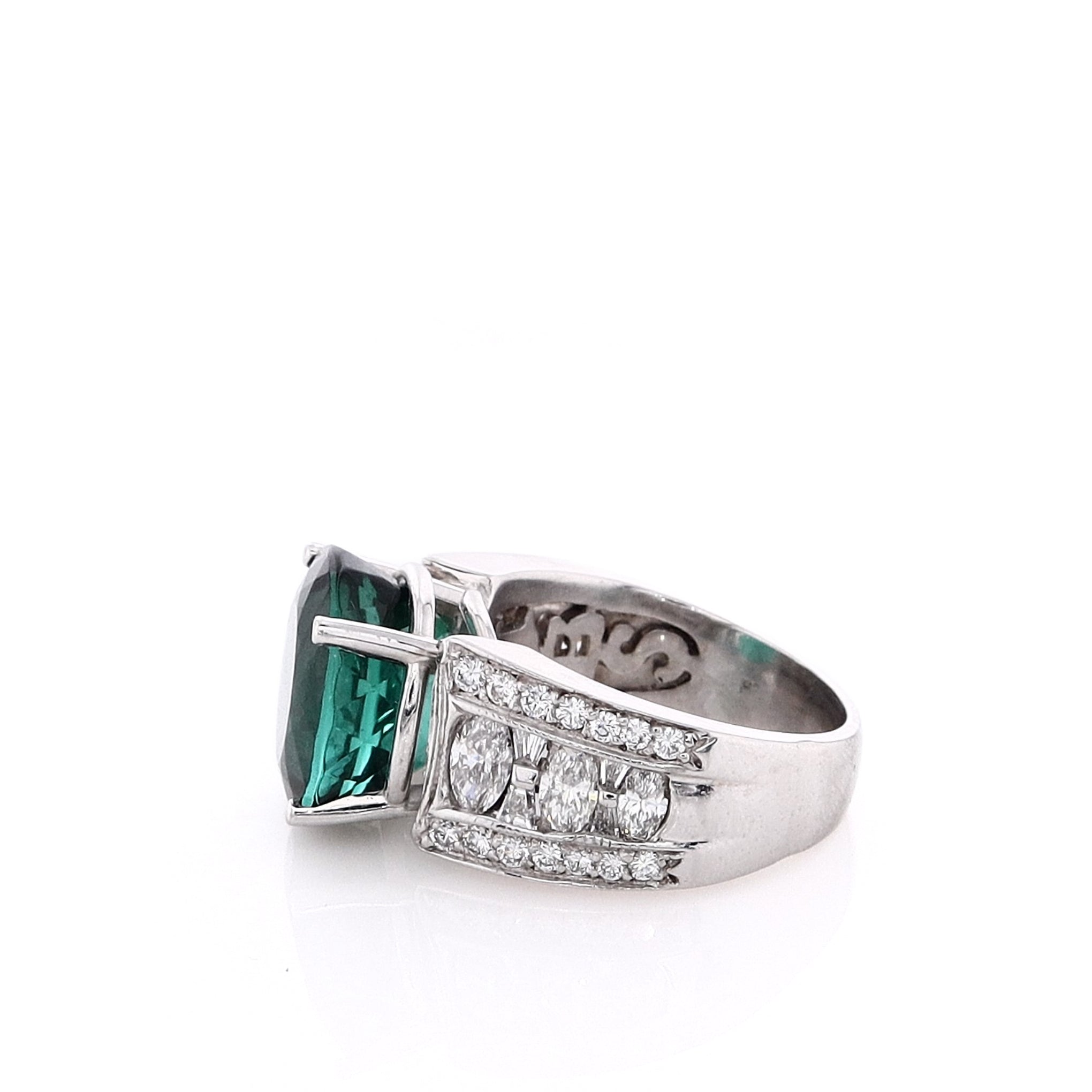 Luxury Estate Platinum Ring Featuring 9.53 Carat Indicolite Tourmaline and 1.40 Carat Total Diamonds