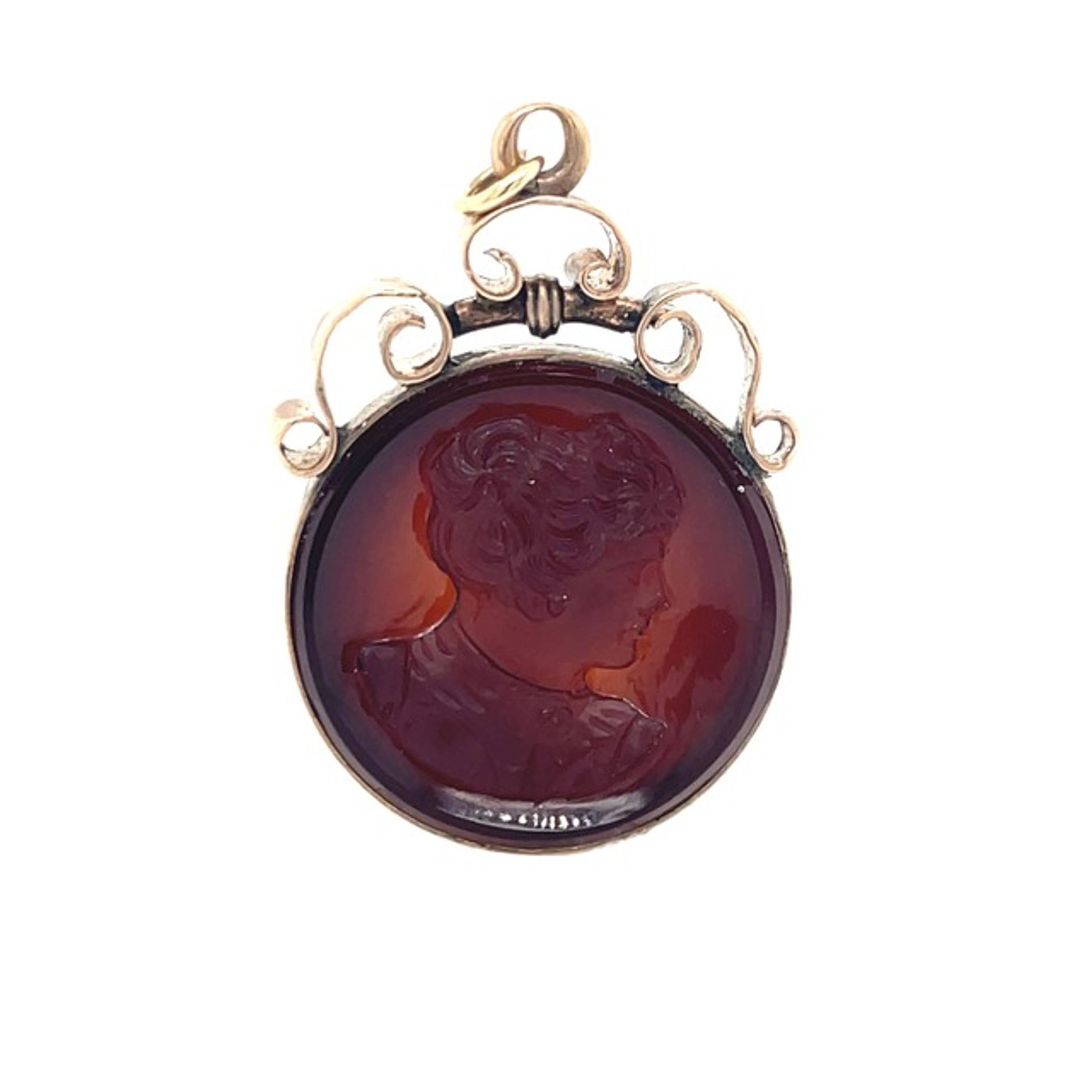 Exquisite 14k Rose Gold Pendant Featuring a Carnelian Cameo of a Woman