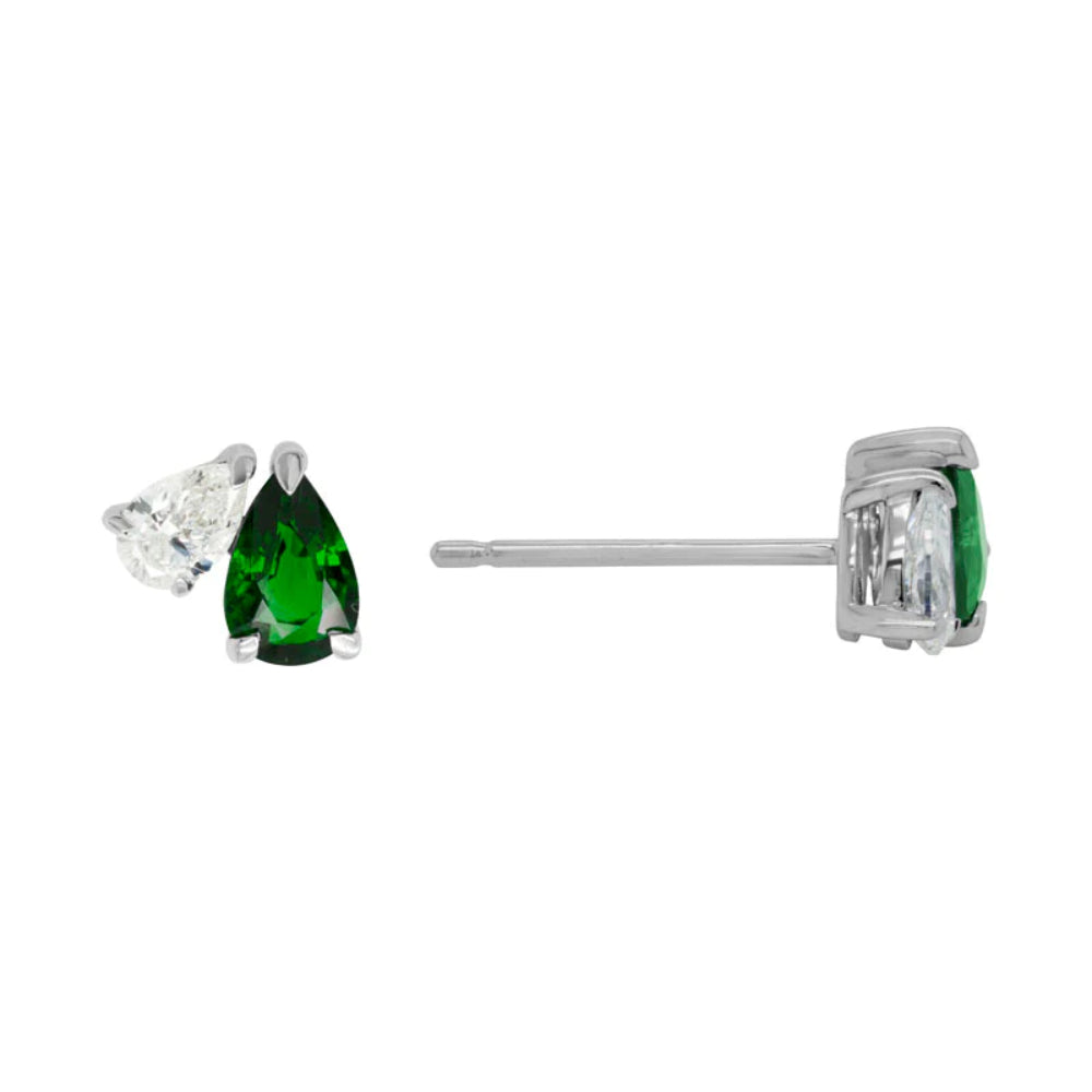 Stunning 14k White Gold Pear Cut Emerald and Diamond Stud Earrings