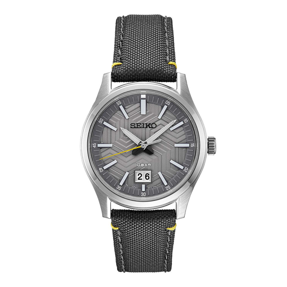 Seiko 40mm Quartz Watch with Grey Dial and Grey Leather Strap (SUR543)