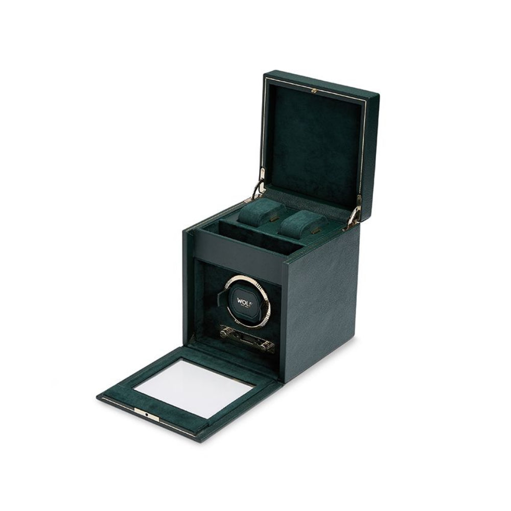 Wolf Designs Green British Racing Single Watch Winder with Storage and Unique Features