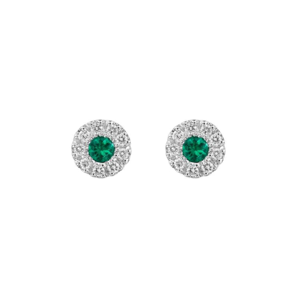14k White Gold Emerald and Diamond Stud Earrings with Friction Backs