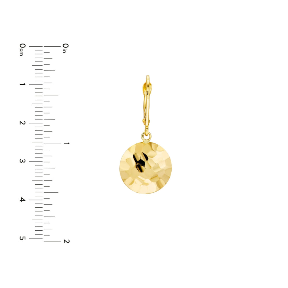 Stylish 14k Yellow Gold Hammered Disc Lever Back Earrings