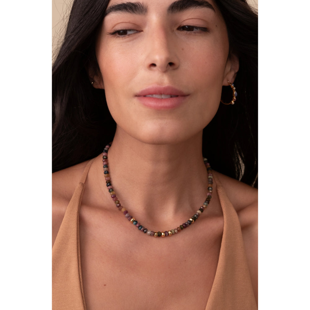 Anna Beck Handmade Watermelon Tourmaline Beaded Fashion Necklace with 18k Gold Plated Beads