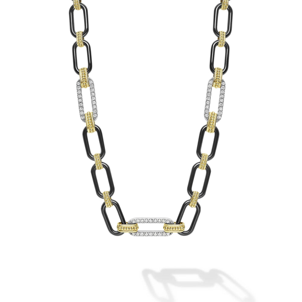 18k Gold and Black Ceramic Necklace with Three Diamond Stations, 6mm