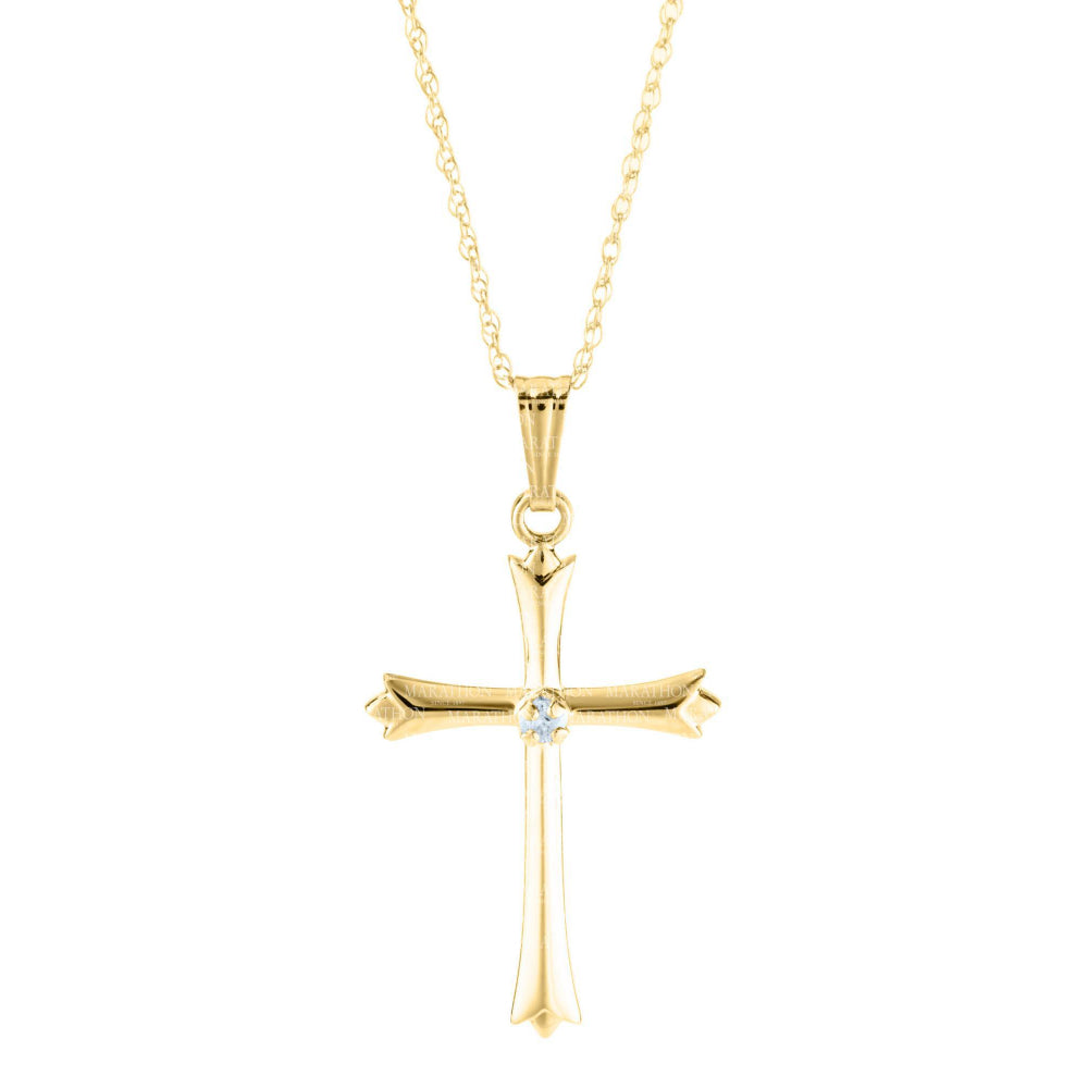 14k Gold Religious Cross Pendant Necklace Adorned with a Single Sparkling Diamond