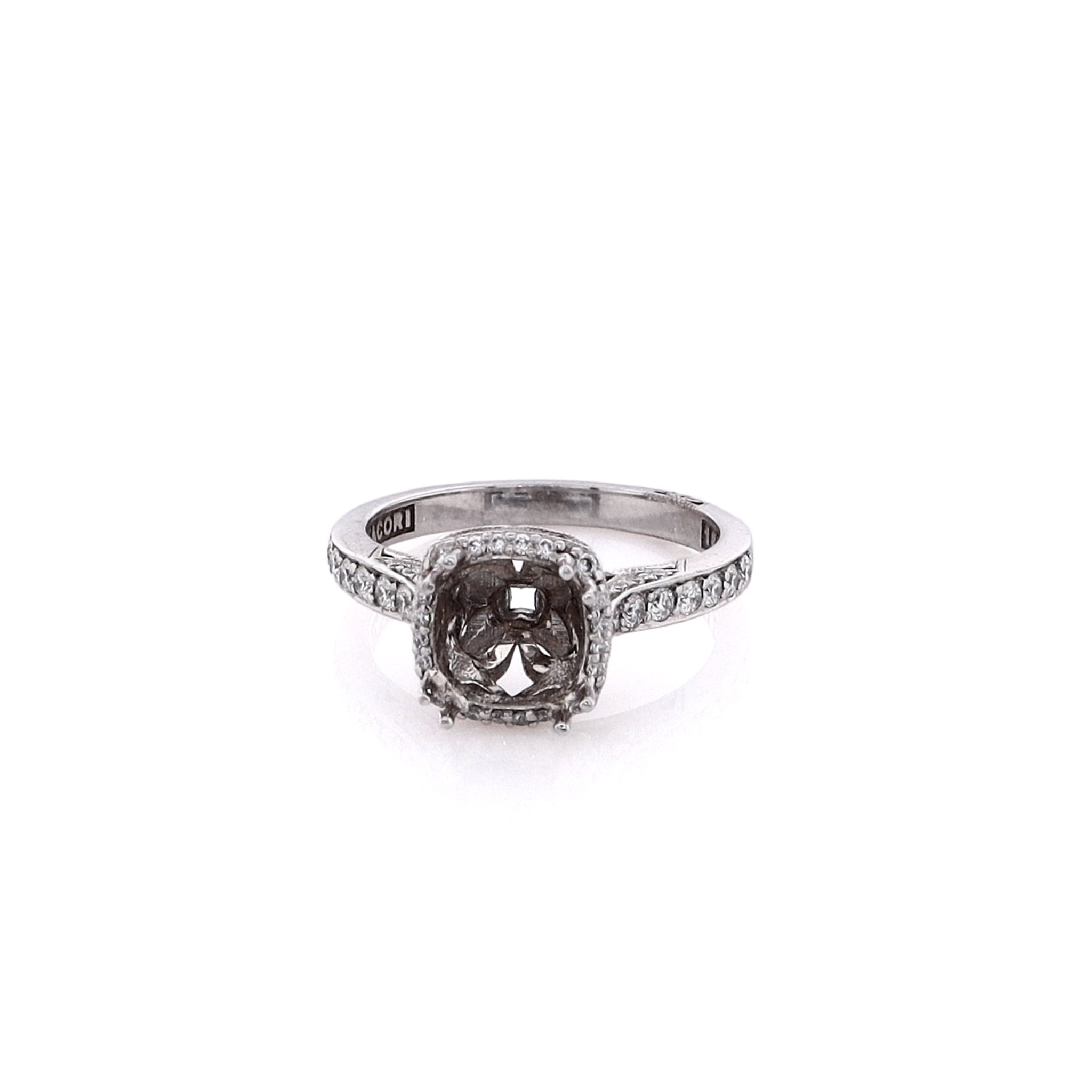 Tacori 18K White Gold 3-Sided Diamond Halo and Shank Ring Mounting, Size 7