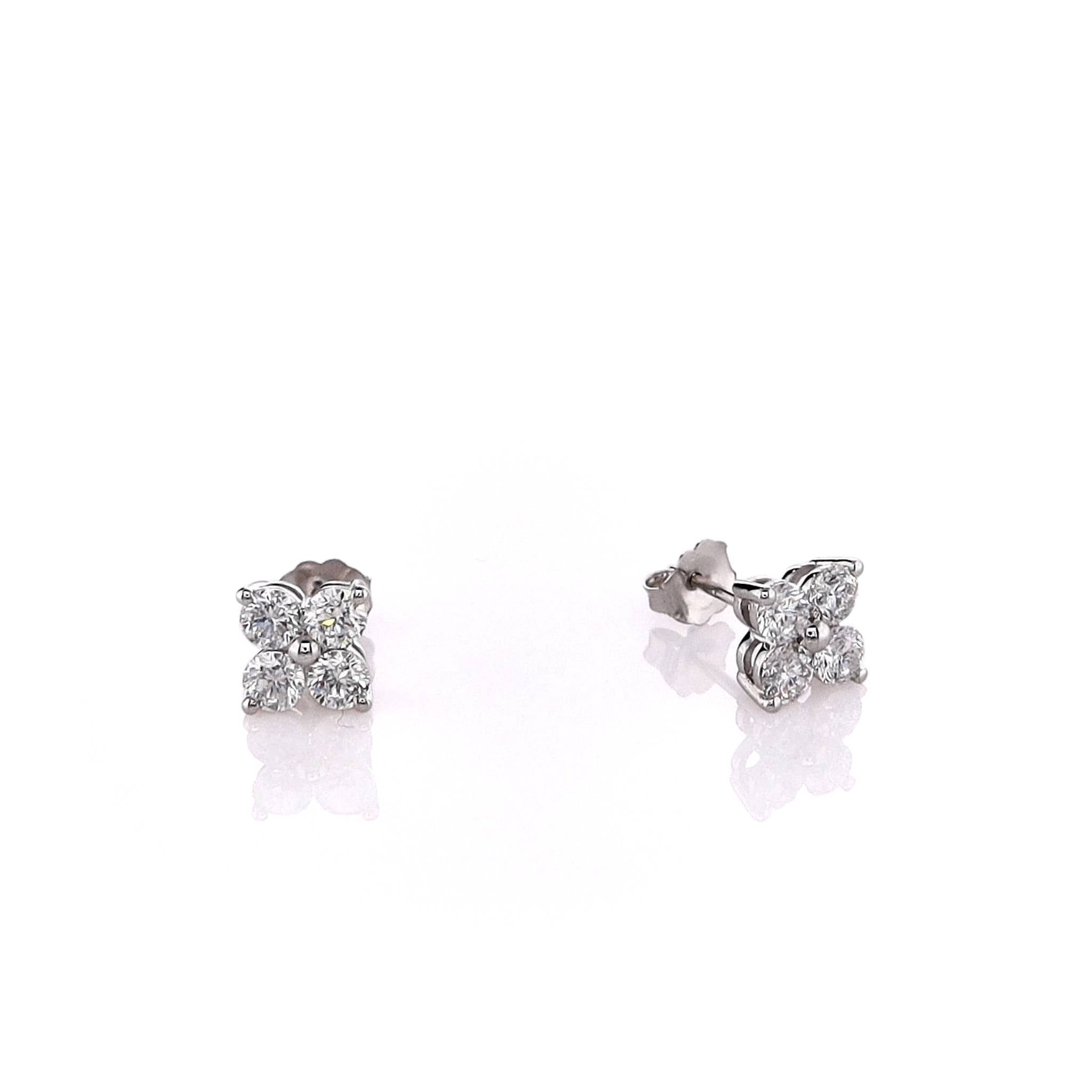 Gorgeous 14k White Gold Four - Cluster Round Brilliant Cut Diamond Stud Earrings for Jewelry Lovers