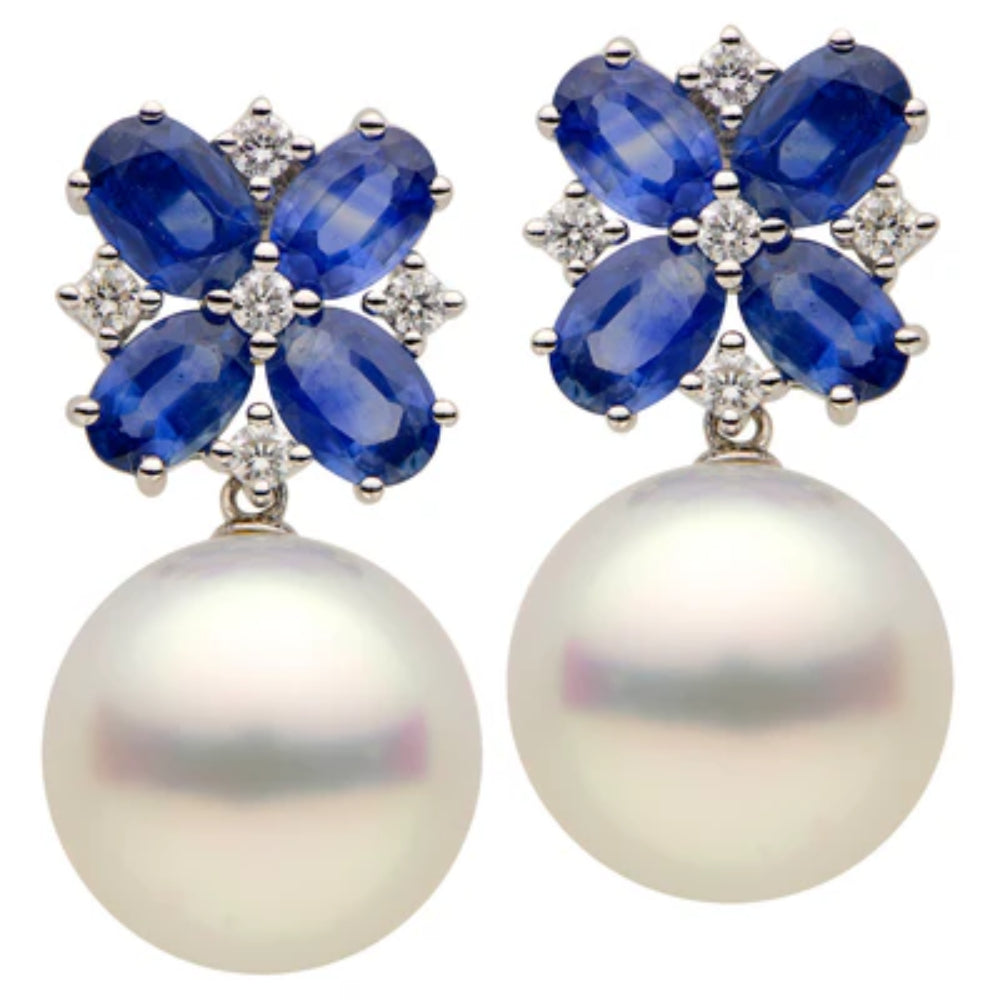 Gorgeous 18k White Gold South Sea Pearl and Sapphire Drop Earrings for Women