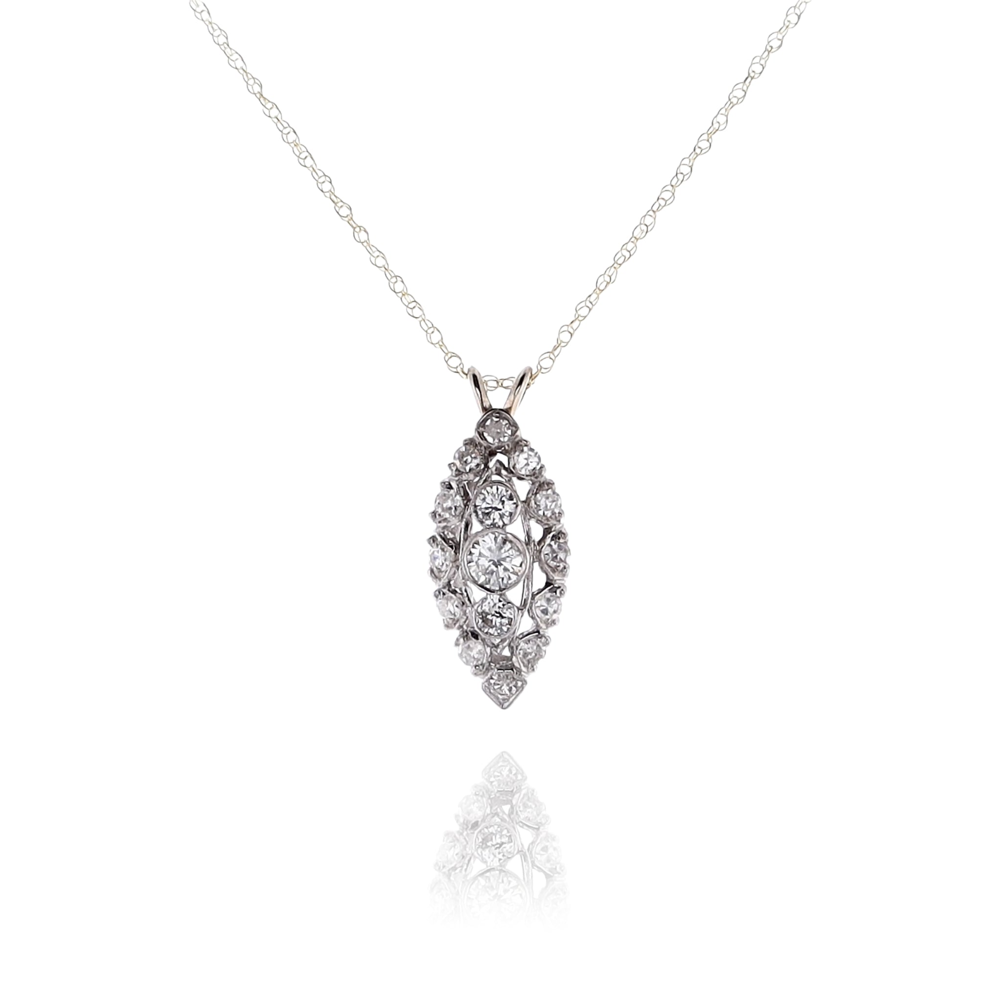 Luxurious Estate 14 Karat Two-Tone White and Yellow Gold Marquise Design Diamond Pendant Necklace for Elegant Jewelry Lovers