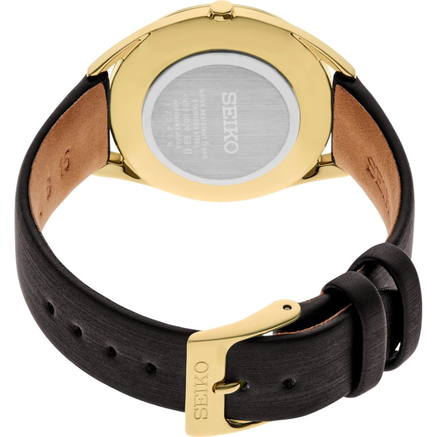 Seiko Men's Essentials 32mm Quartz Watch with Green Mother of Pearl Dial and Black Faux Leather Strap