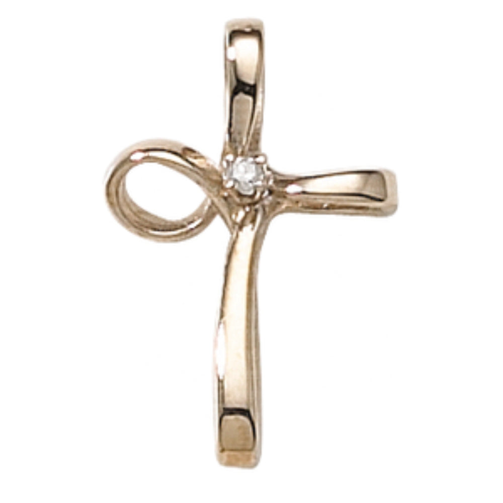 Stunning 14k Yellow Gold Ribbon Cross Pendant Necklace with 0.1ct Diamond