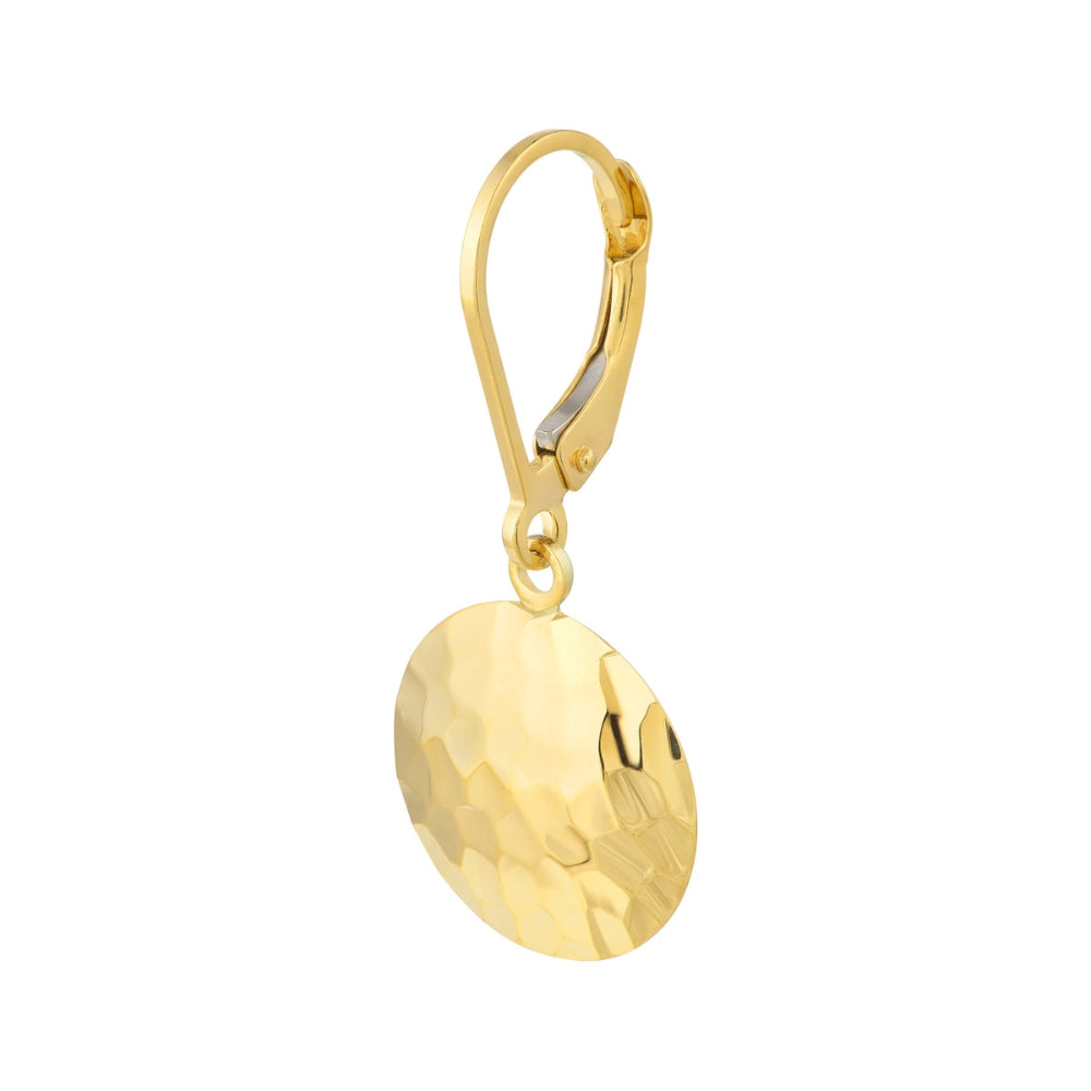 Stylish 14k Yellow Gold Hammered Disc Lever Back Earrings