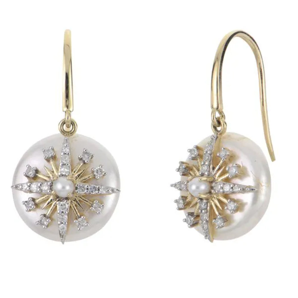 Stunning 14k Gold Pearl Starburst Drop Earrings for Elegant Women