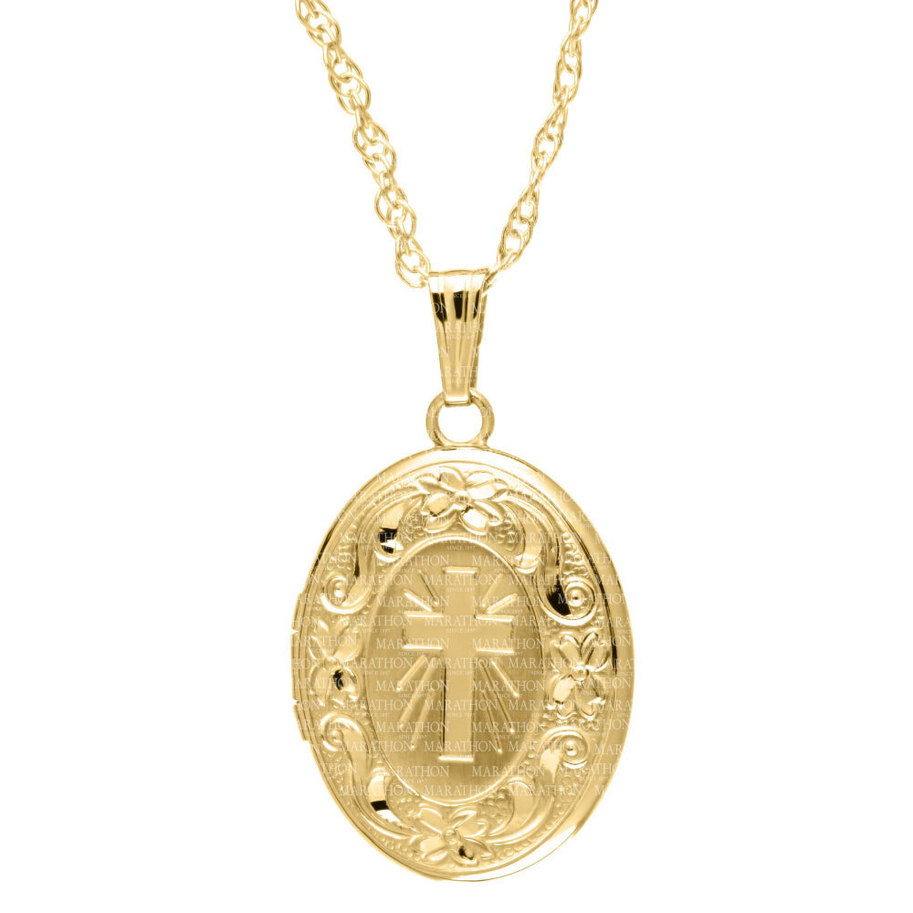 14k Yellow Gold Embossed Cross Locket with 18' Chain