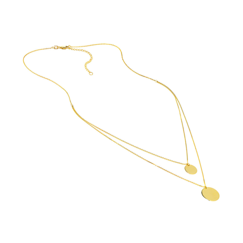 14k Yellow Gold Double Strand Disc Drop Duo Adjustable Necklace for a Boho Chic Look