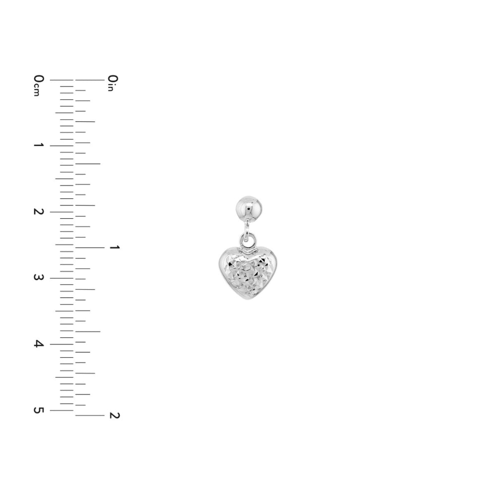 14k White Gold Diamond-Cut Puffed Heart Dangle Earrings for Timeless Style