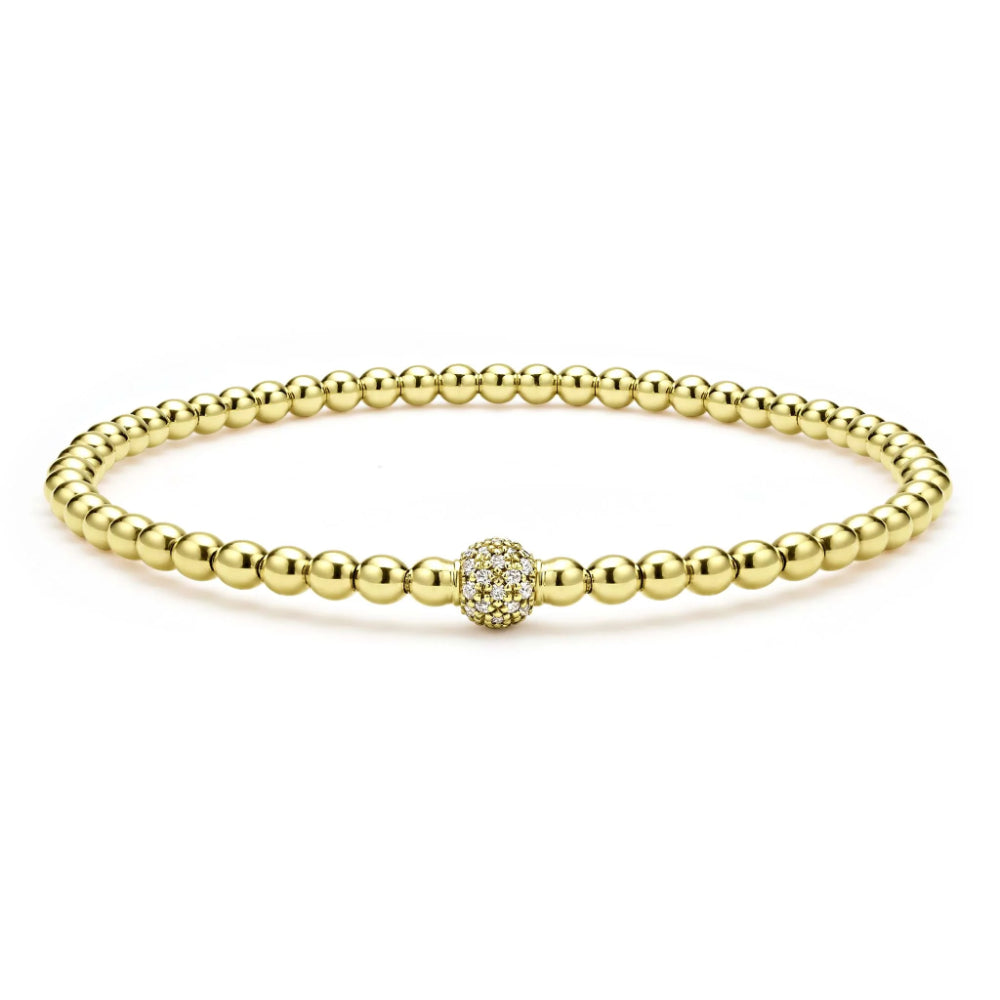 Lagos 18k Gold and Diamond Bead Stretch Bracelet, 3mm in Caviar Style