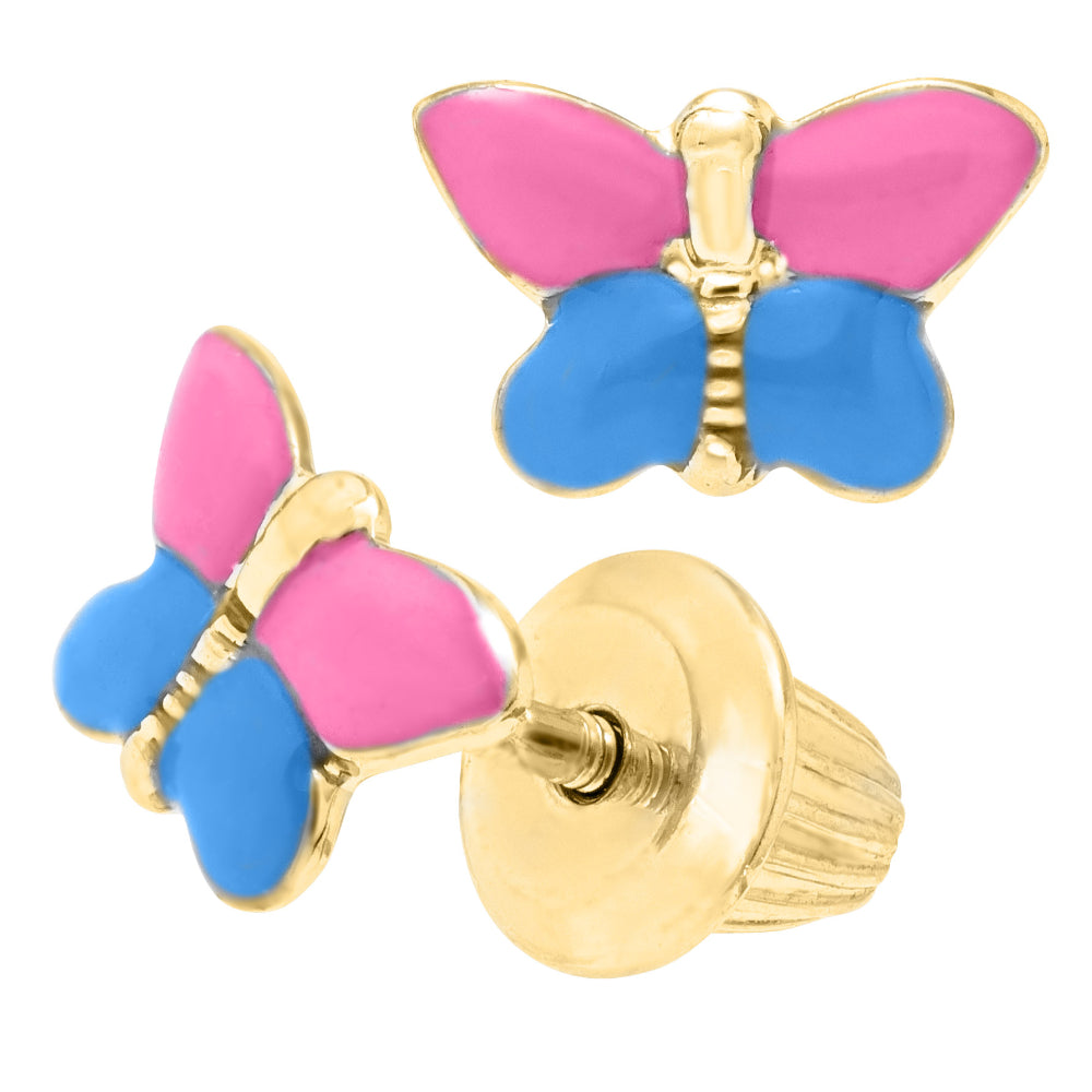 14k Gold Butterfly Earrings for Children with Stunning Pink and Blue Hues