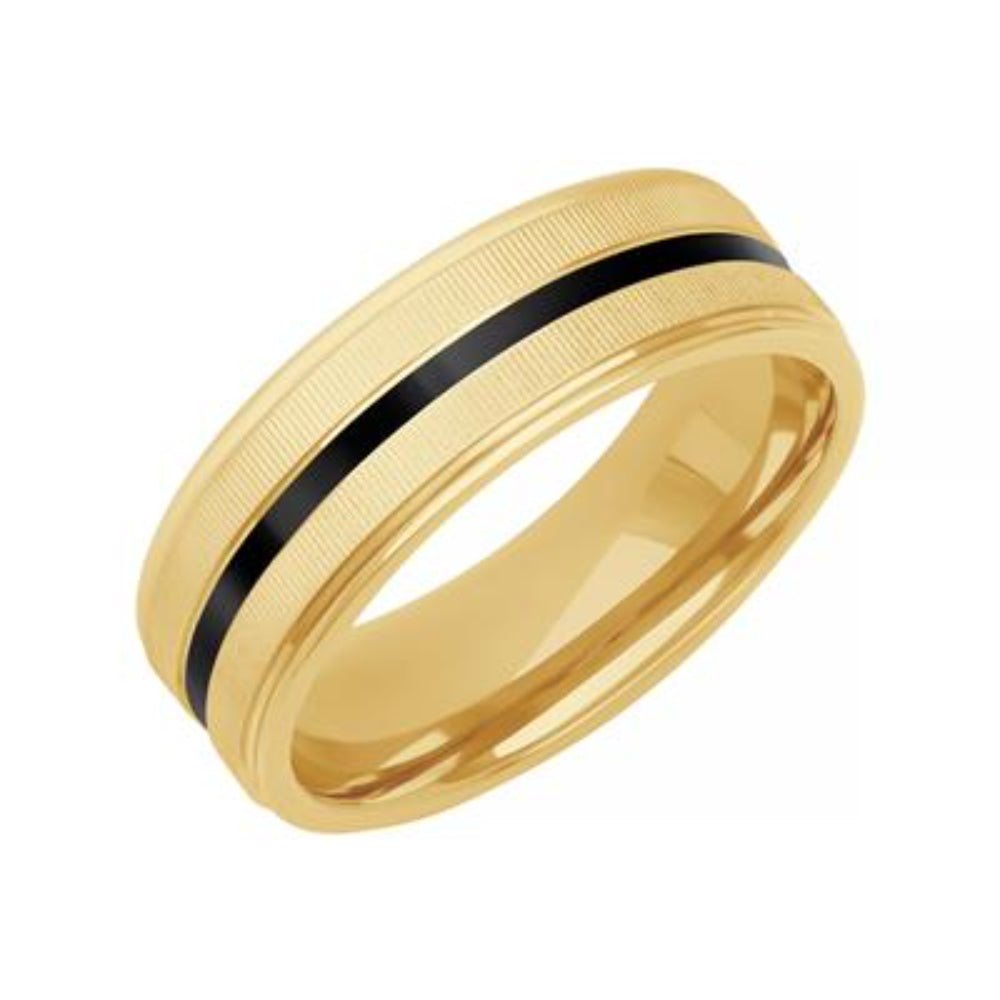 Men's Exquisite 14k Gold and Ceramic Carved Flat Wedding Band for Special Occasions