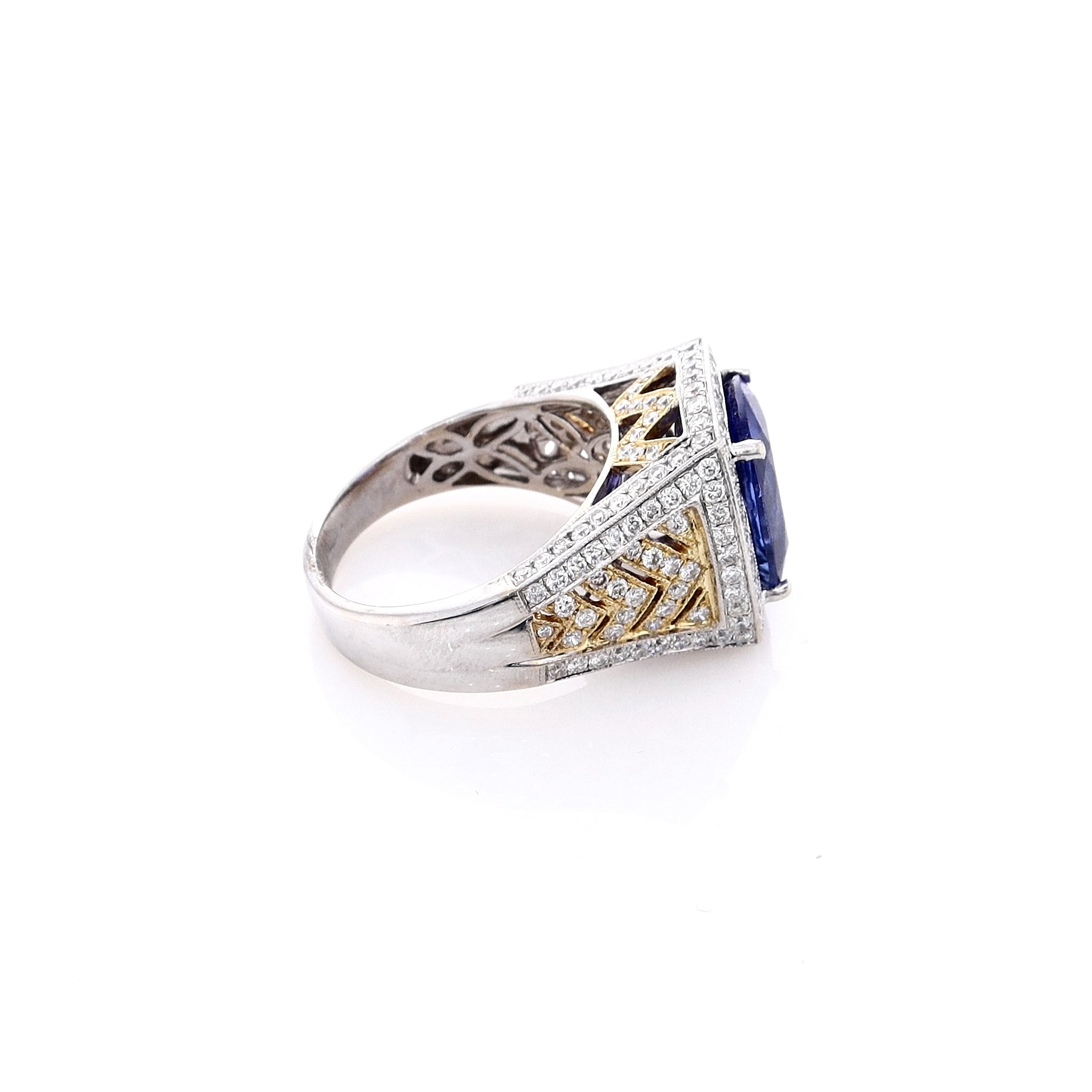 18k Gold Estate Two-Tone Cushion-Cut Purple Tanzanite and Round Brilliant Cut Diamond Halo Engagement Ring